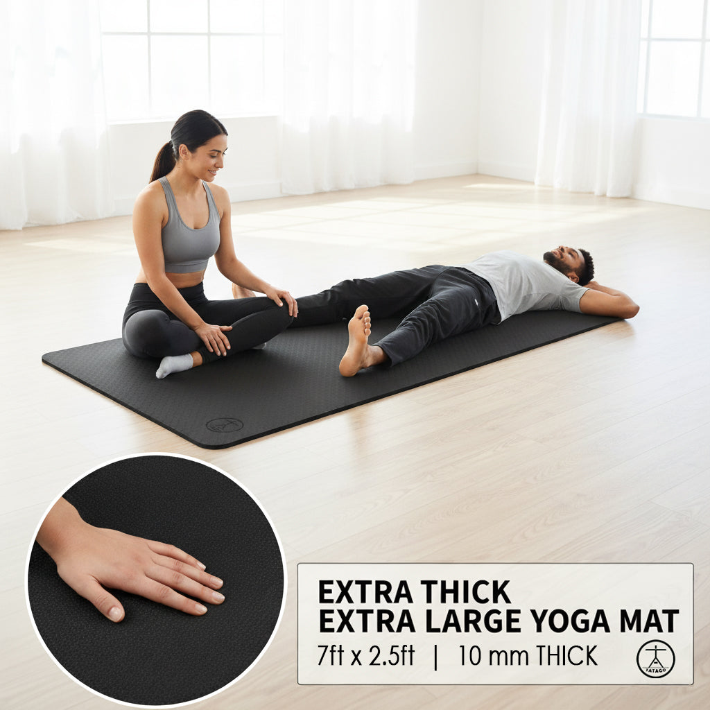 A thick exercise mats for home with 2 people showing the extra wide yoga mat comfort.