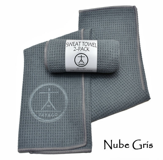 Two gray microfiber yoga sweat towels with a waffle texture, displayed unfolded and rolled up. Gray (2-Pack) 