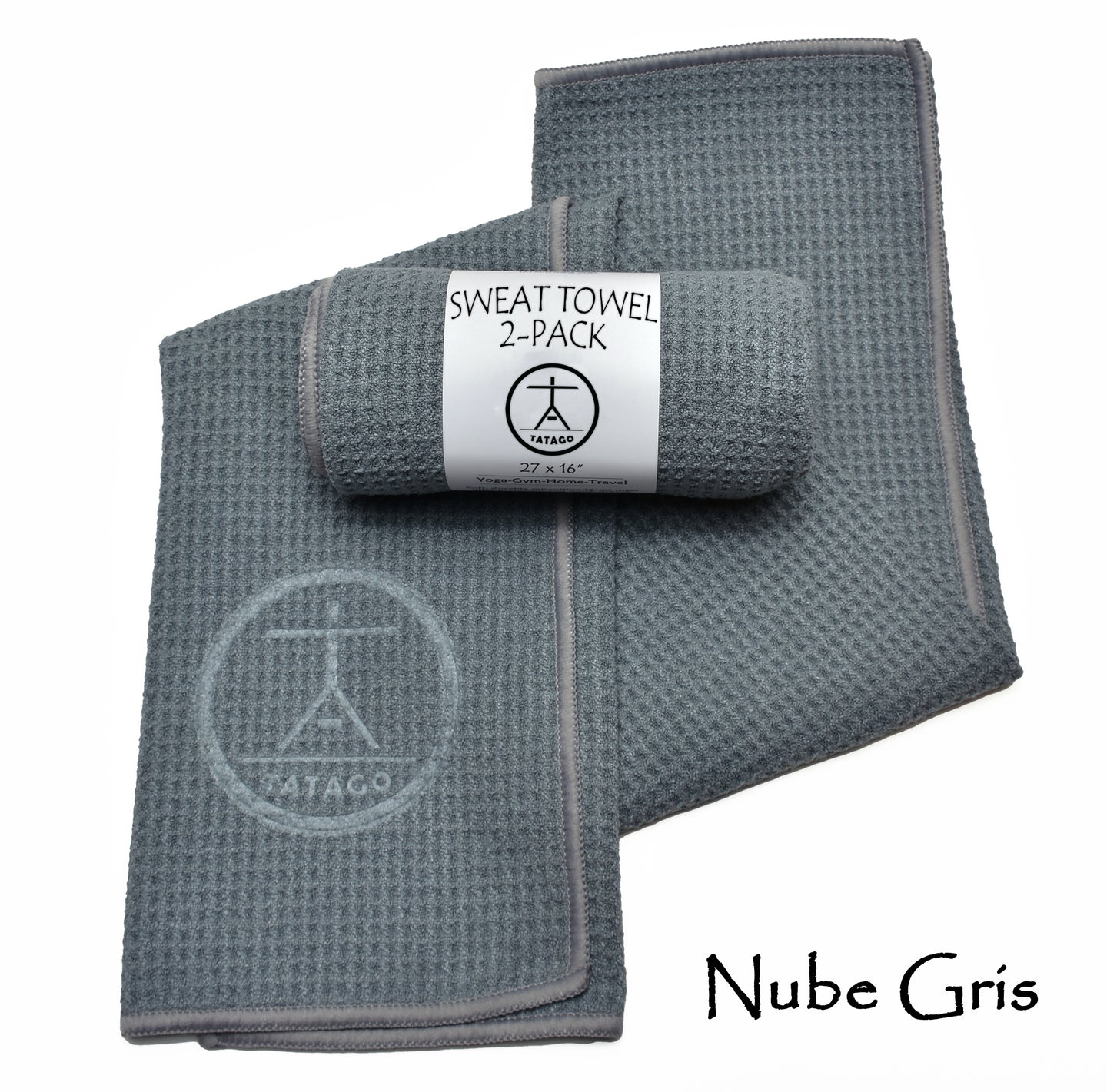 Two gray microfiber yoga sweat towels with a waffle texture, displayed unfolded and rolled up. Gray (2-Pack) 