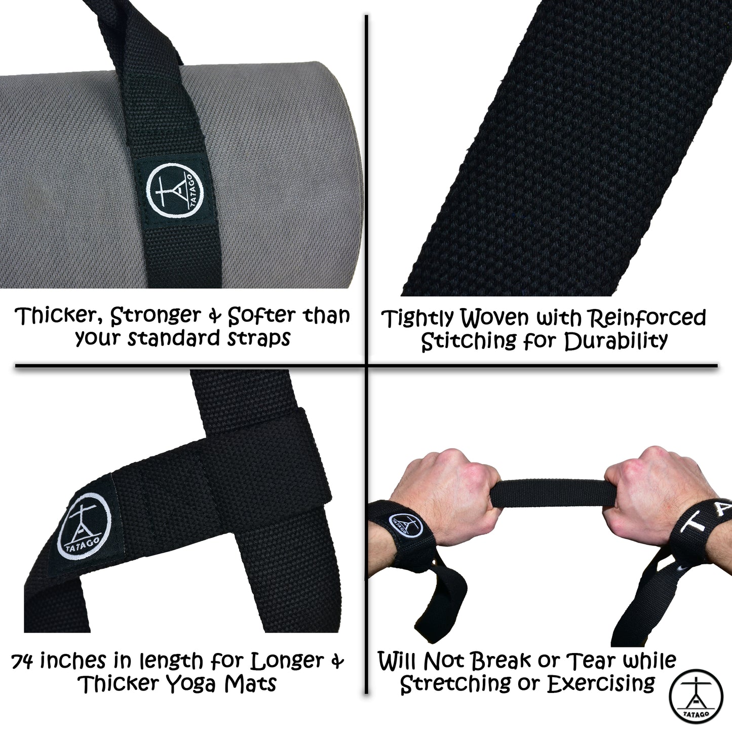 Yoga strap with text highlighting features thicker, stronger and cotton