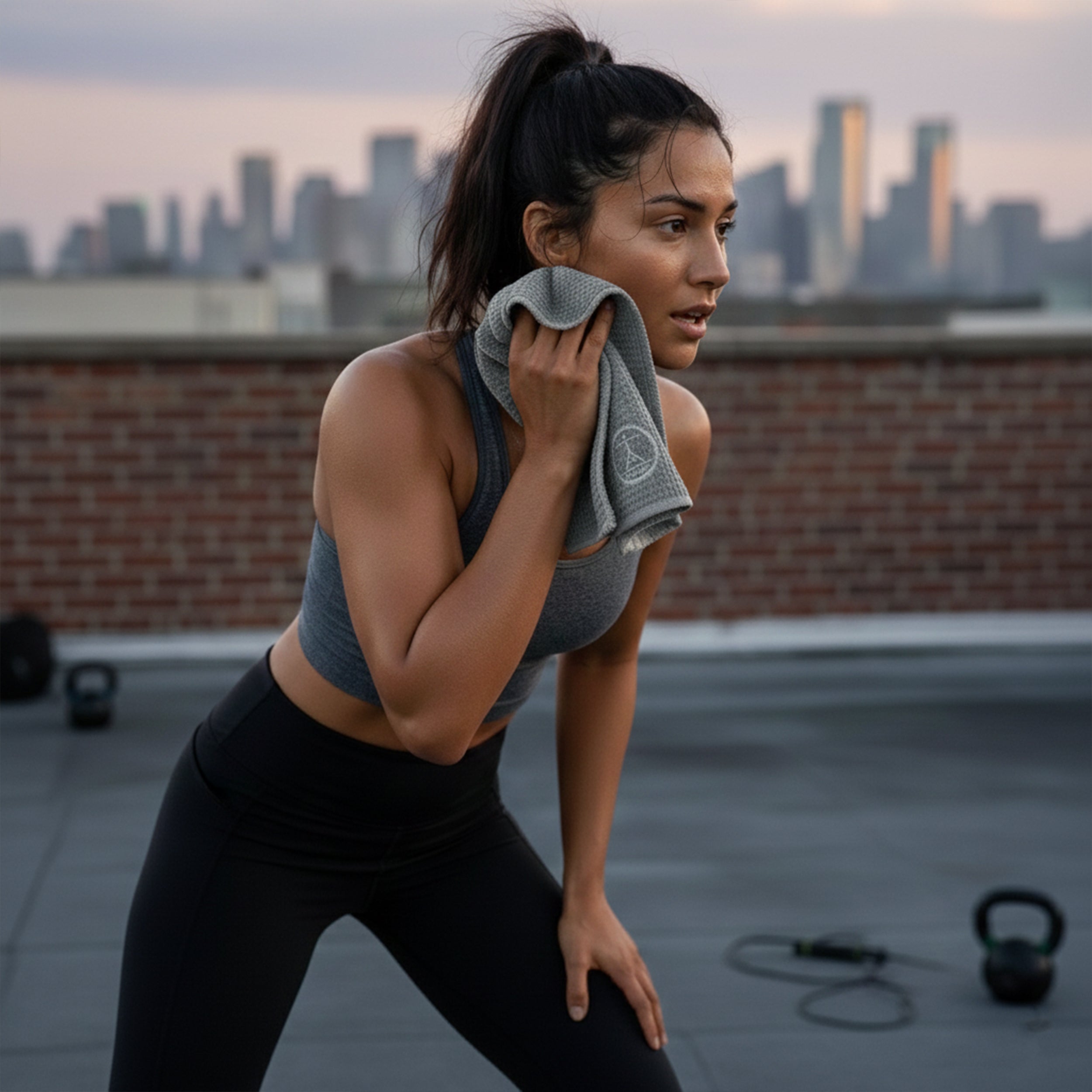 Woman using sweat towel for face in workout attire on a rooftop with a city skyline in the background