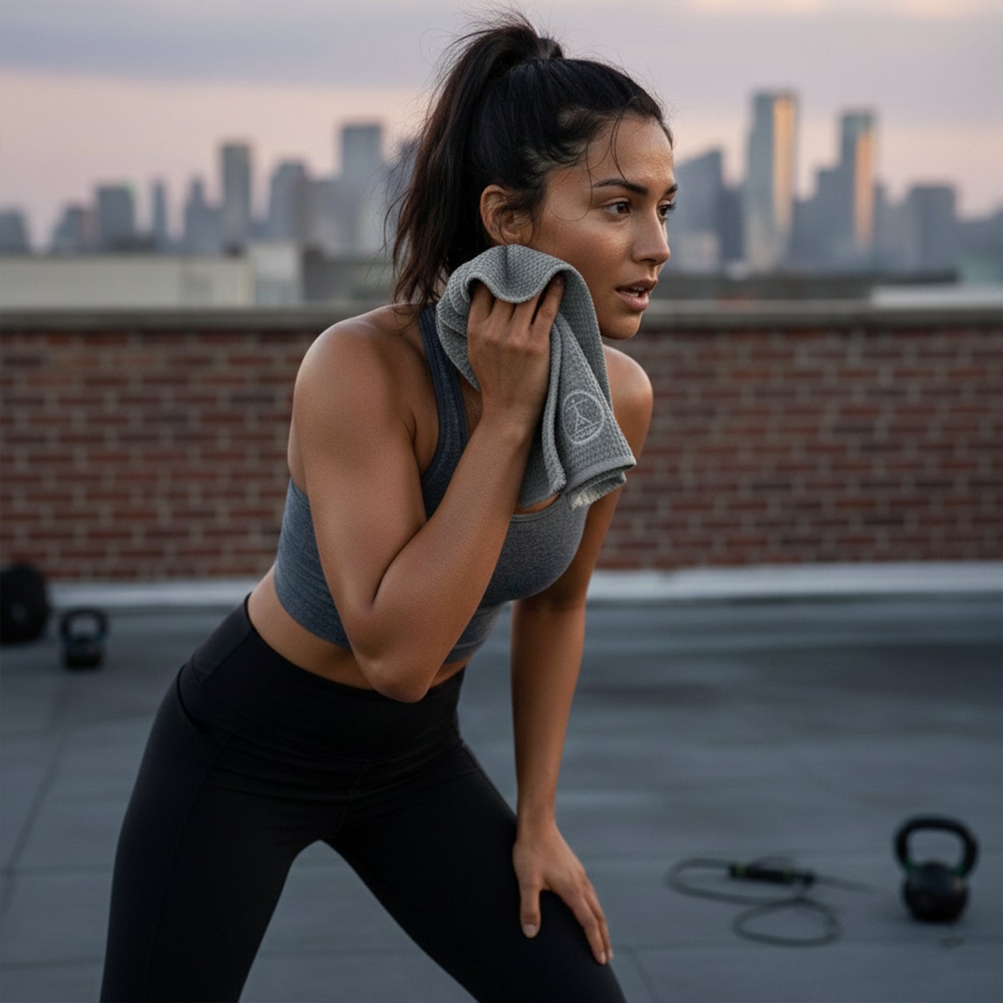 Woman using sweat towel for face in workout attire on a rooftop with a city skyline in the background
