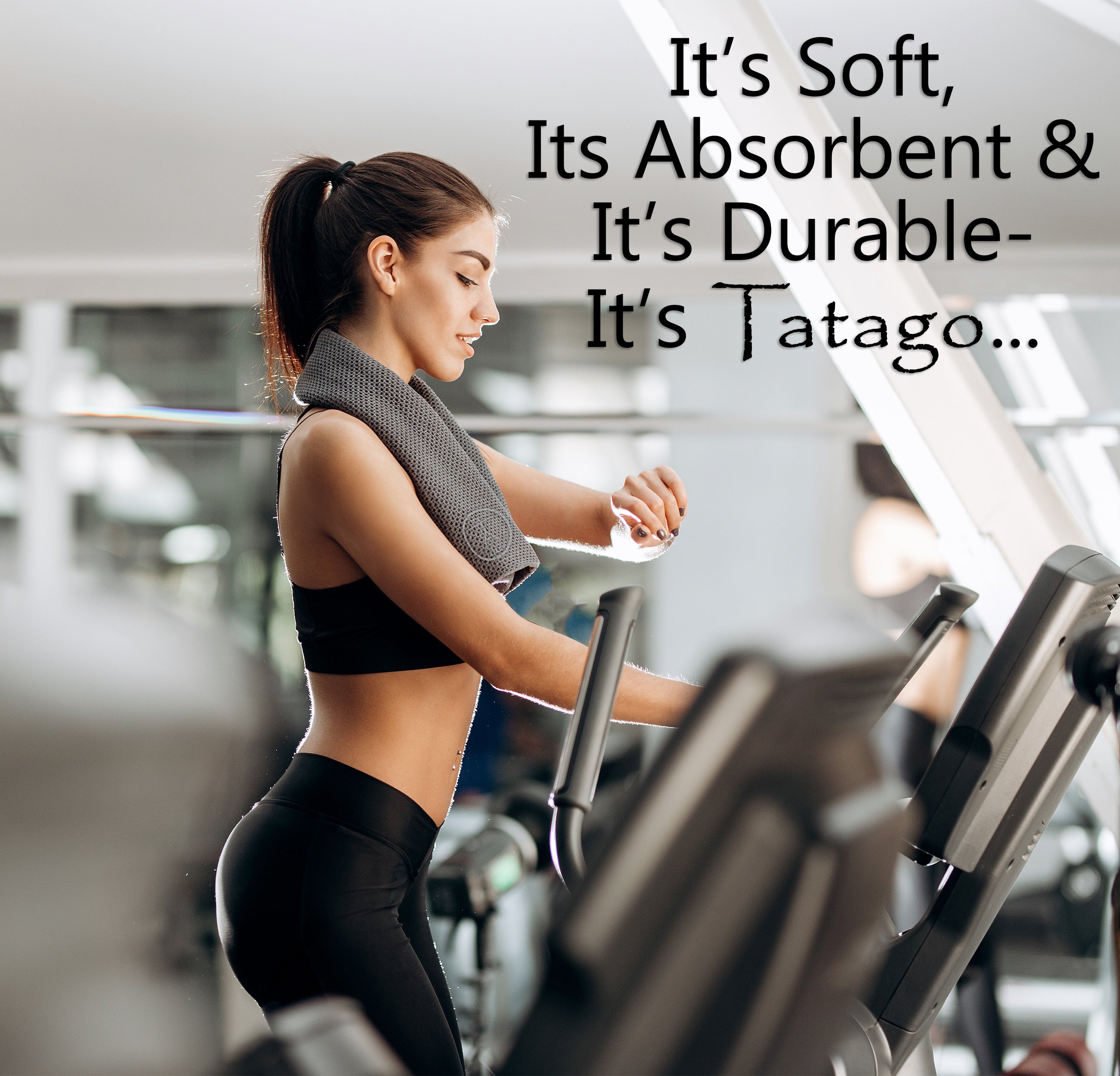 Woman with sweat rag exercising on a treadmill with a towel draped over her shoulders, gym setting.
