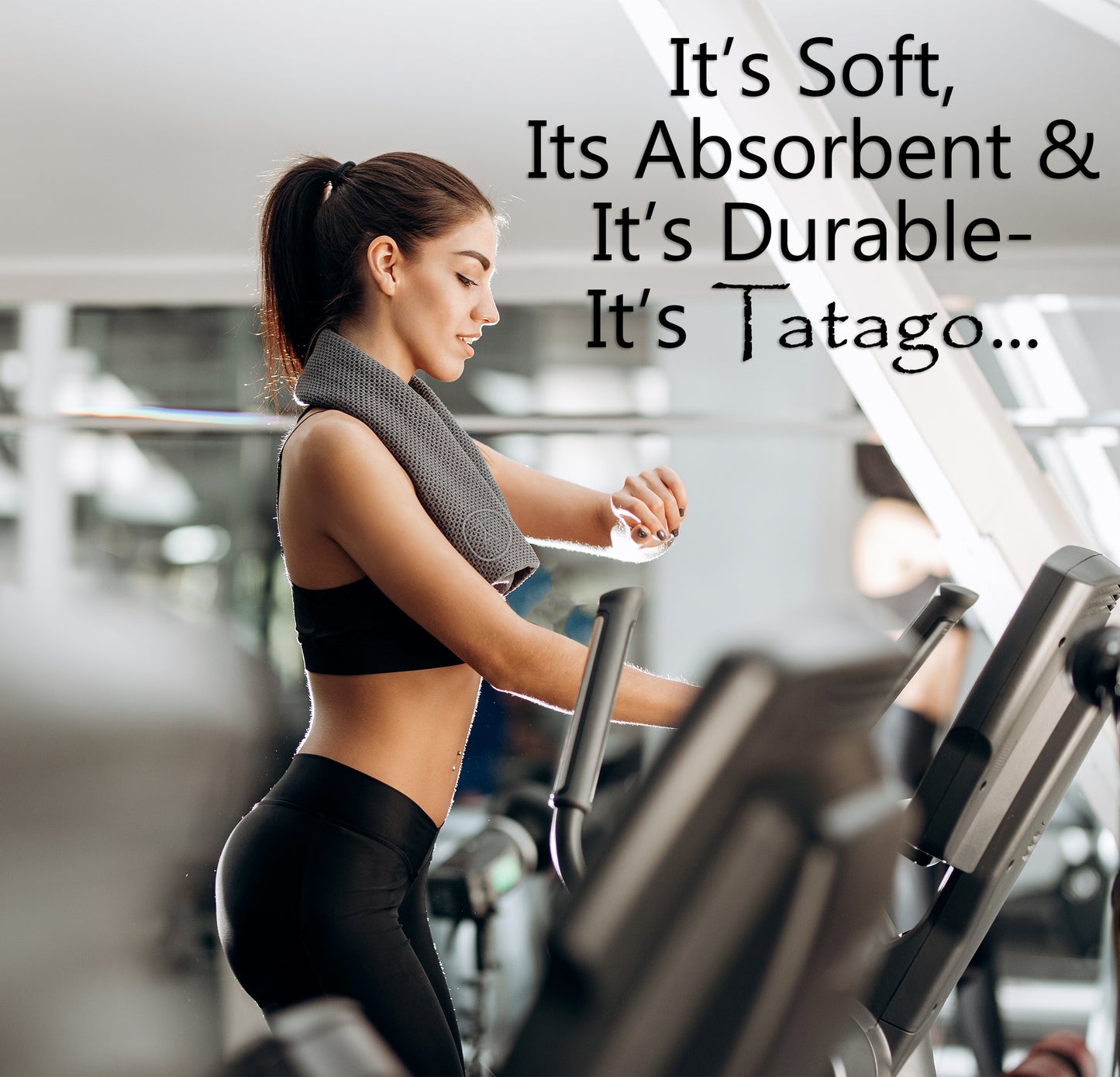 Woman with sweat rag exercising on a treadmill with a towel draped over her shoulders, gym setting.