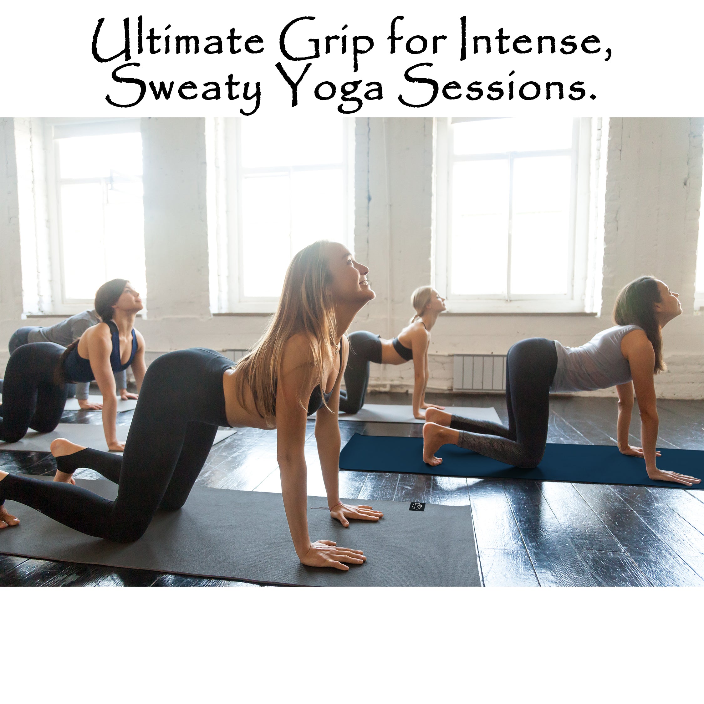 Women practicing on hot yoga towels in a studio with text about grip for intense yoga sessions.