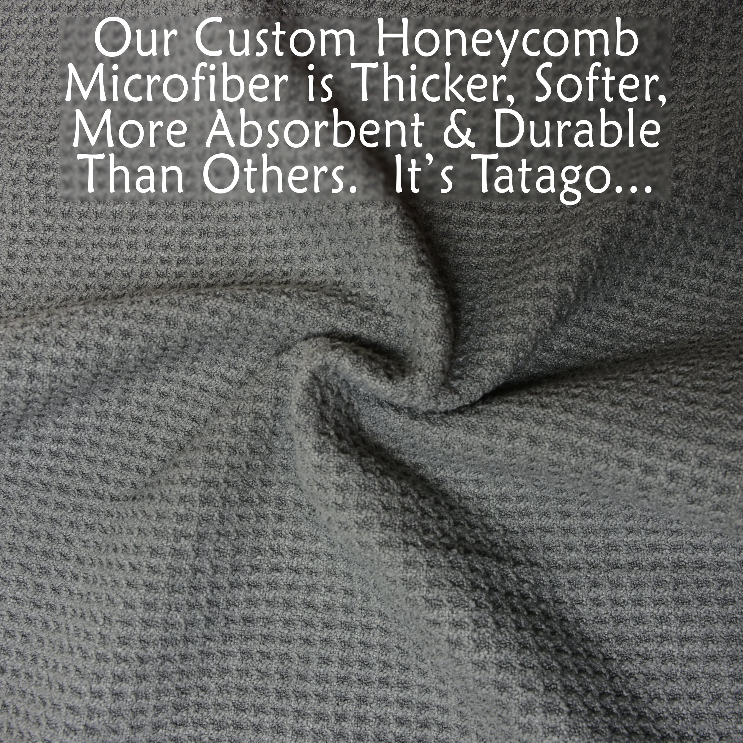 Gray honeycomb microfiber workout sweat towels fabric with promotional text about its qualities.