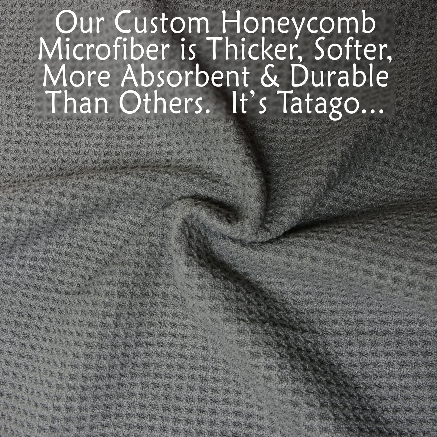 Gray honeycomb microfiber workout sweat towels fabric with promotional text about its qualities.