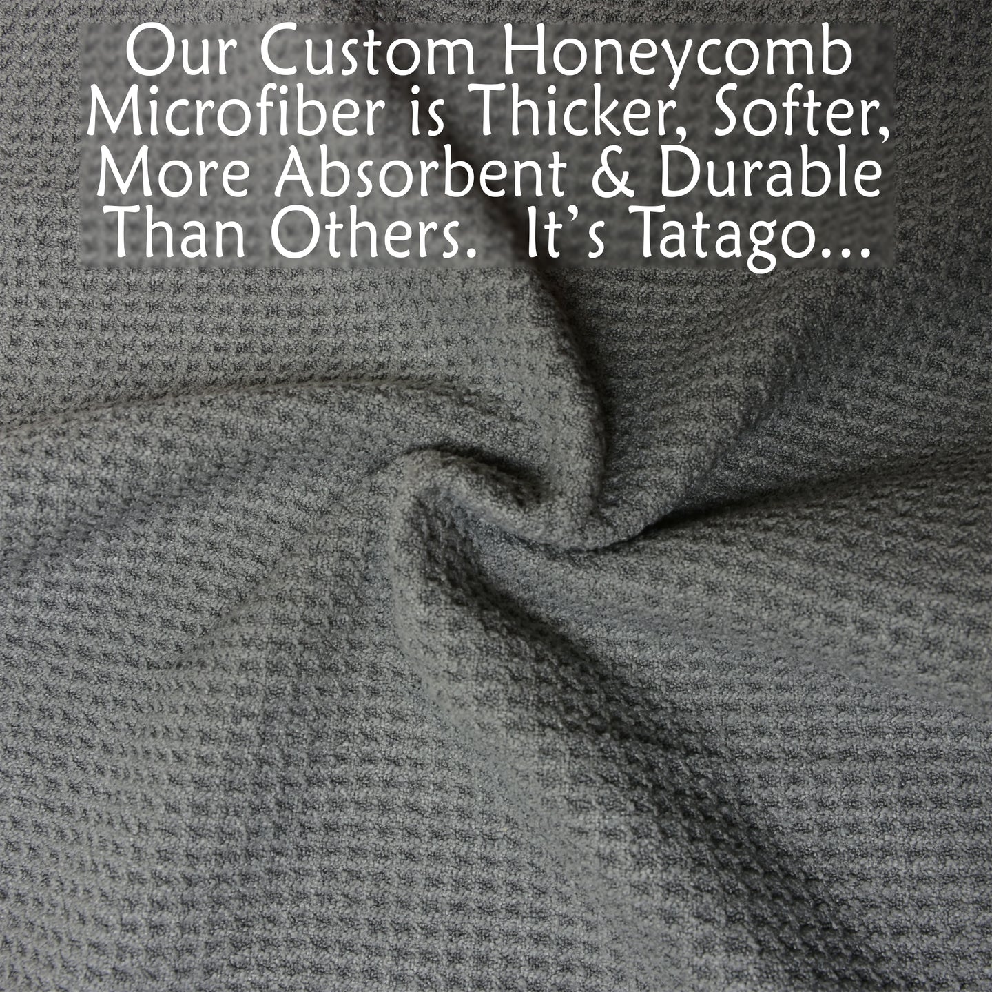 Gray honeycomb microfiber workout sweat towels fabric with promotional text about its qualities.
