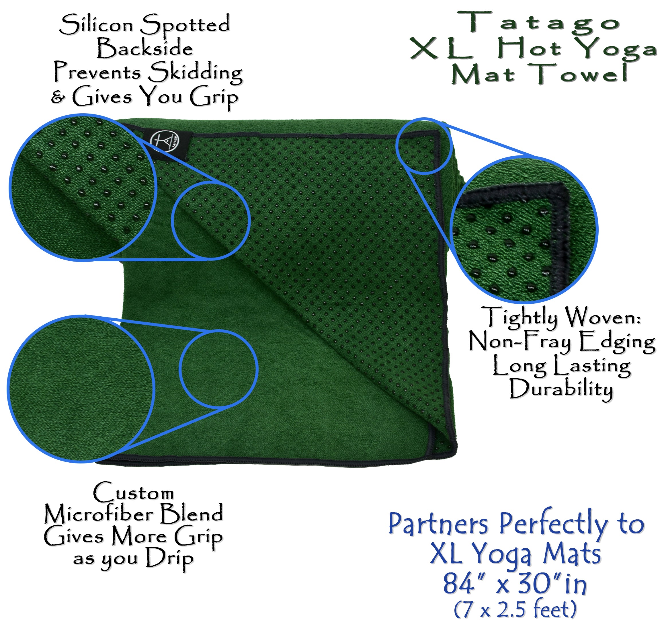 Extra-large green hot yoga mat towel shown with silicone grip underside, tightly woven edging, and ultra-absorbent microfiber surface