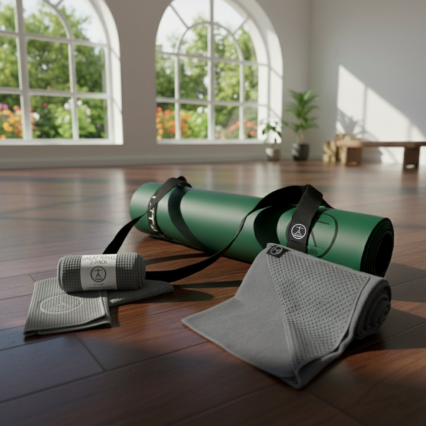 Extra-large green natural rubber yoga mat with gray silicone-grip yoga towel and sweat towels, plus XL carry strap on studio floor.