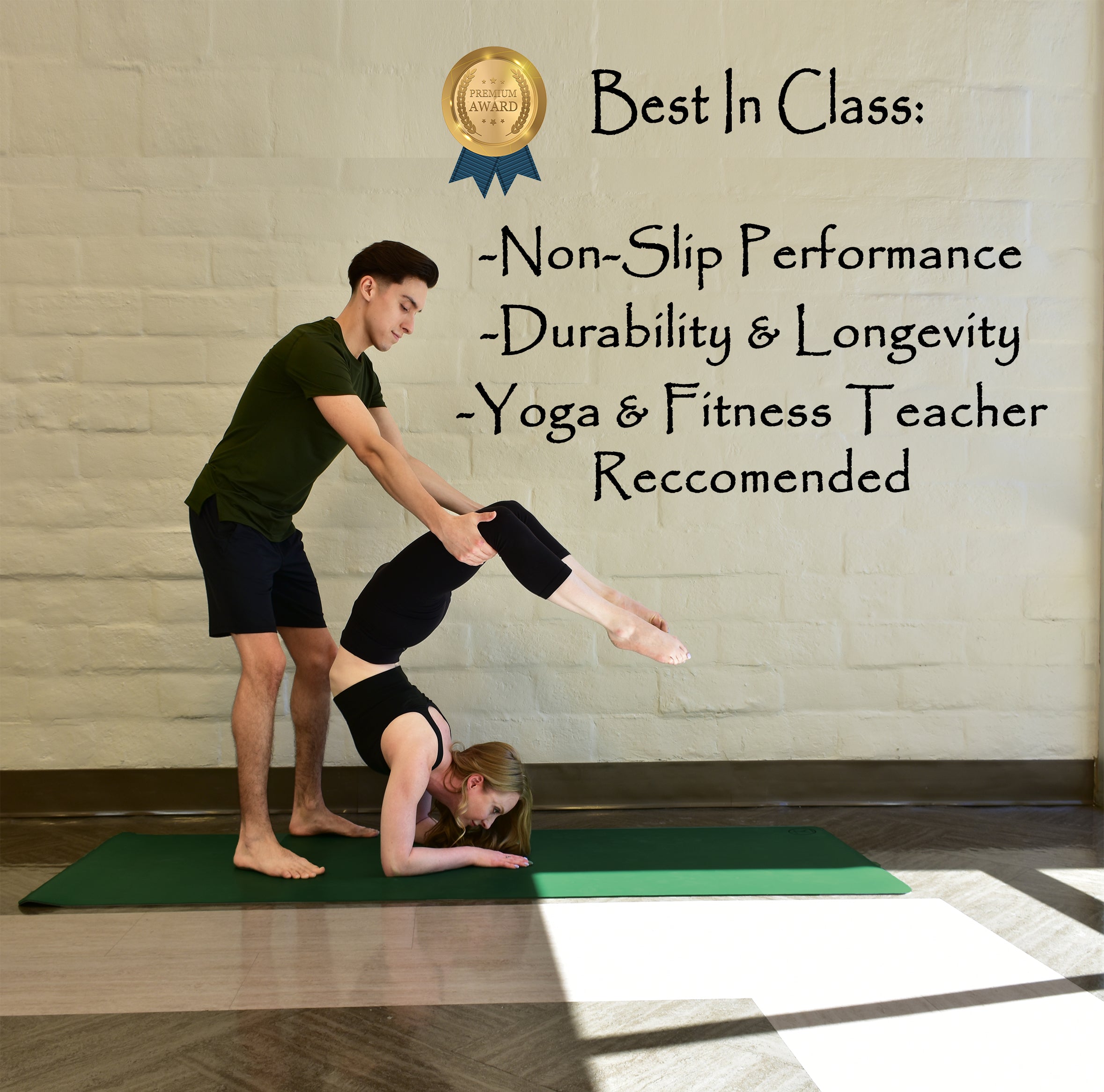 Yoga instructor assisting student on XL natural rubber yoga mat; best-in-class non-slip performance, durability, and teacher-recommended hot yoga mat.