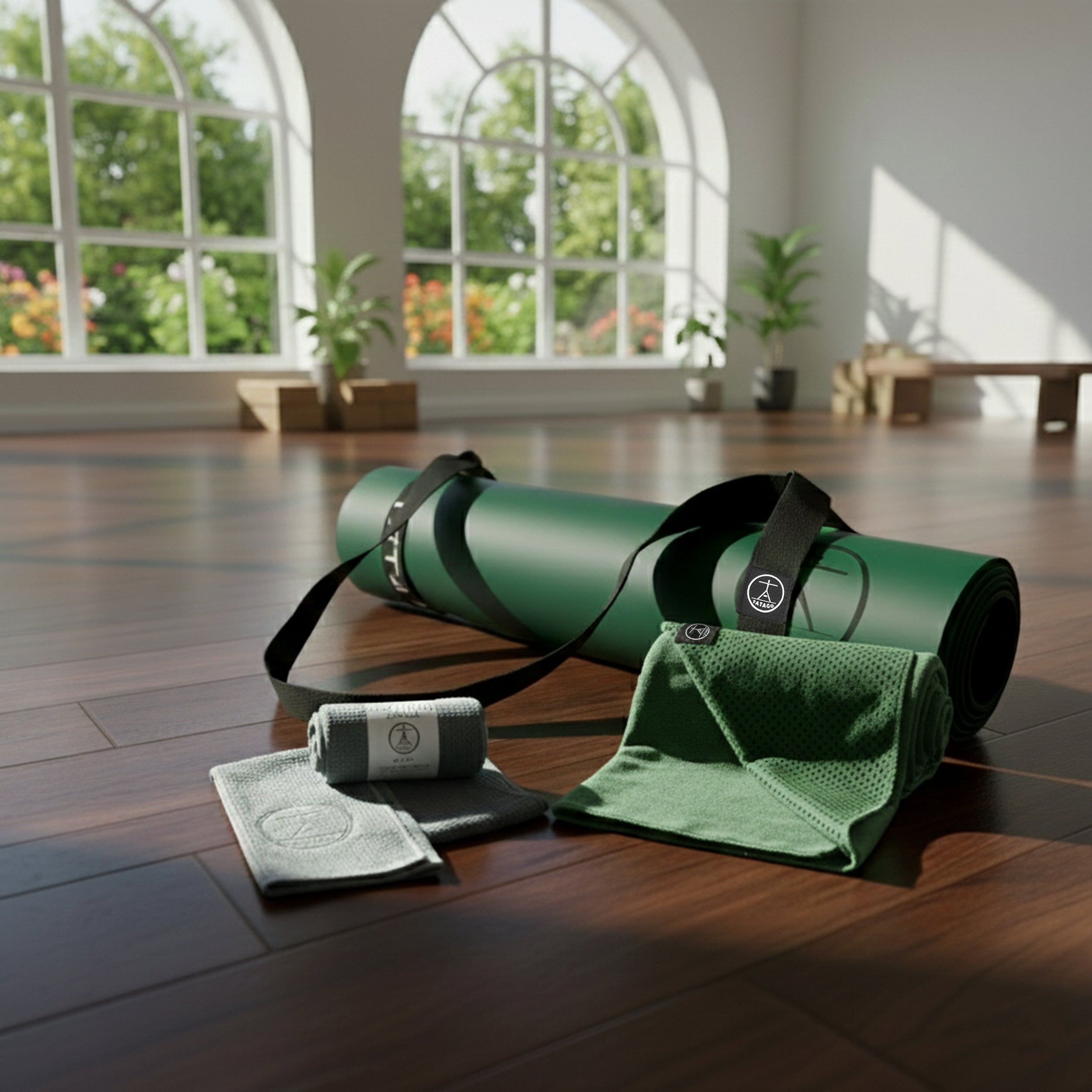 XL natural rubber yoga mat with carrying strap, silicone-grip hot yoga towel, and sweat towels displayed in bright yoga studio setting.