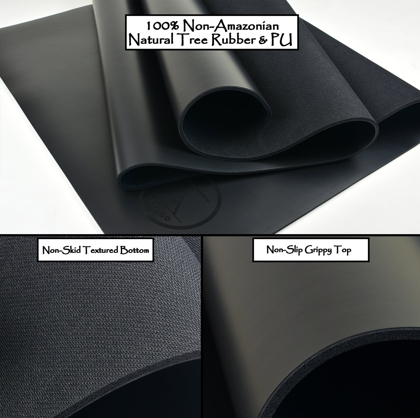 Close up of XL natural rubber yoga mat showing non slip PU top and textured rubber bottom for hot yoga Pilates and Bikram sessions
