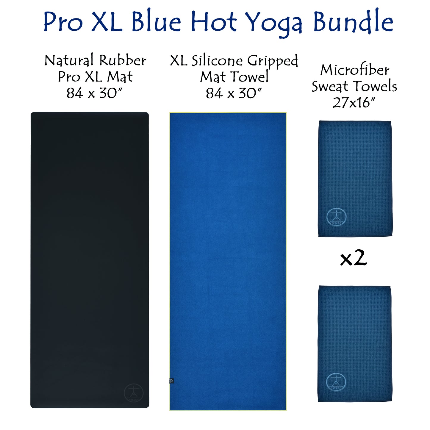 Extra-large natural rubber yoga mat with matching 84-inch yoga towel and two microfiber sweat towels, shown as a full hot yoga and Pilates bundle for non-slip practice.