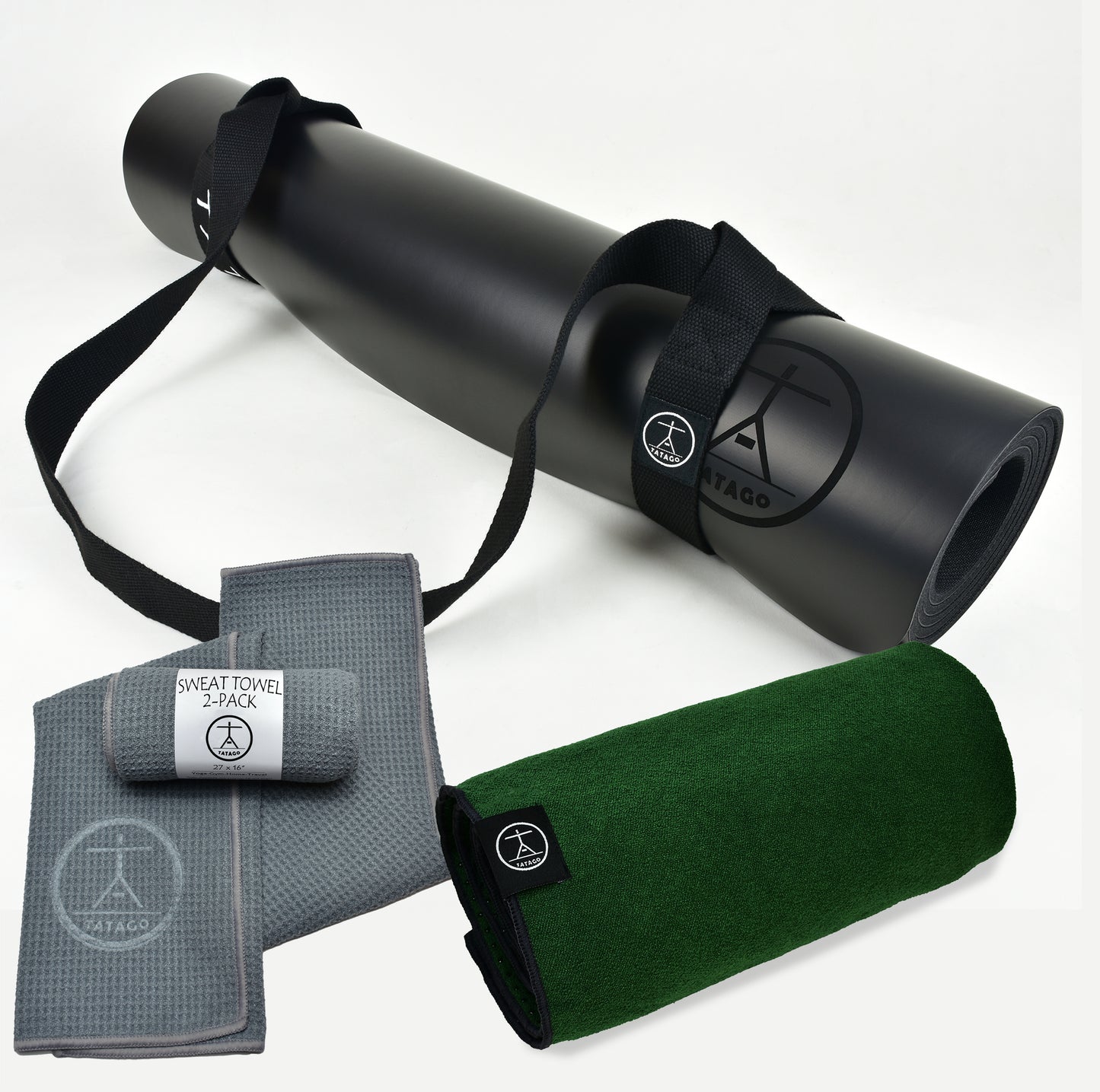 Extra large natural rubber yoga mat with Ezmeraldo green hot yoga towel and gray sweat towel two pack for hot yoga and Pilates sessions