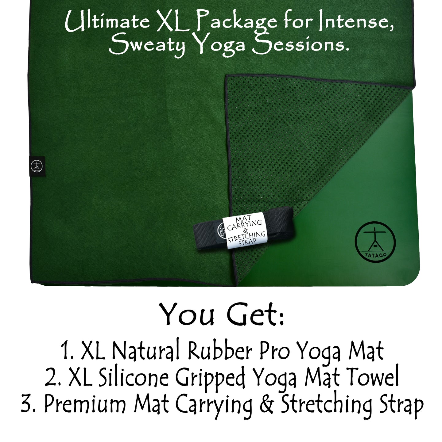 Green non-slip hot yoga towel on XL natural rubber yoga mat; sweat-absorbing towel designed for 84-inch mats and Tatago XL yoga mats.