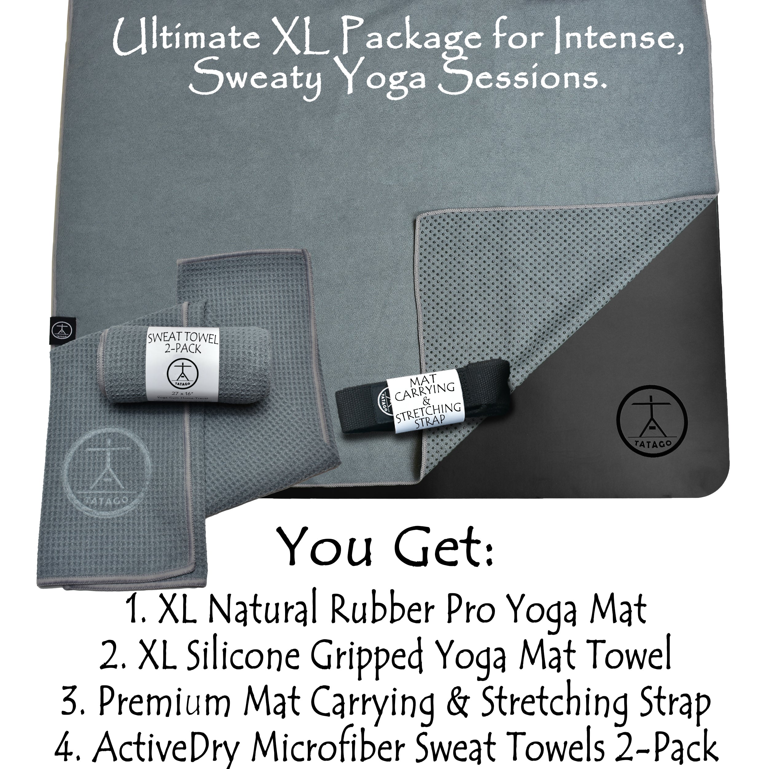 XL Yoga mat set with pilates towel, strap, and yoga towels on a gray background