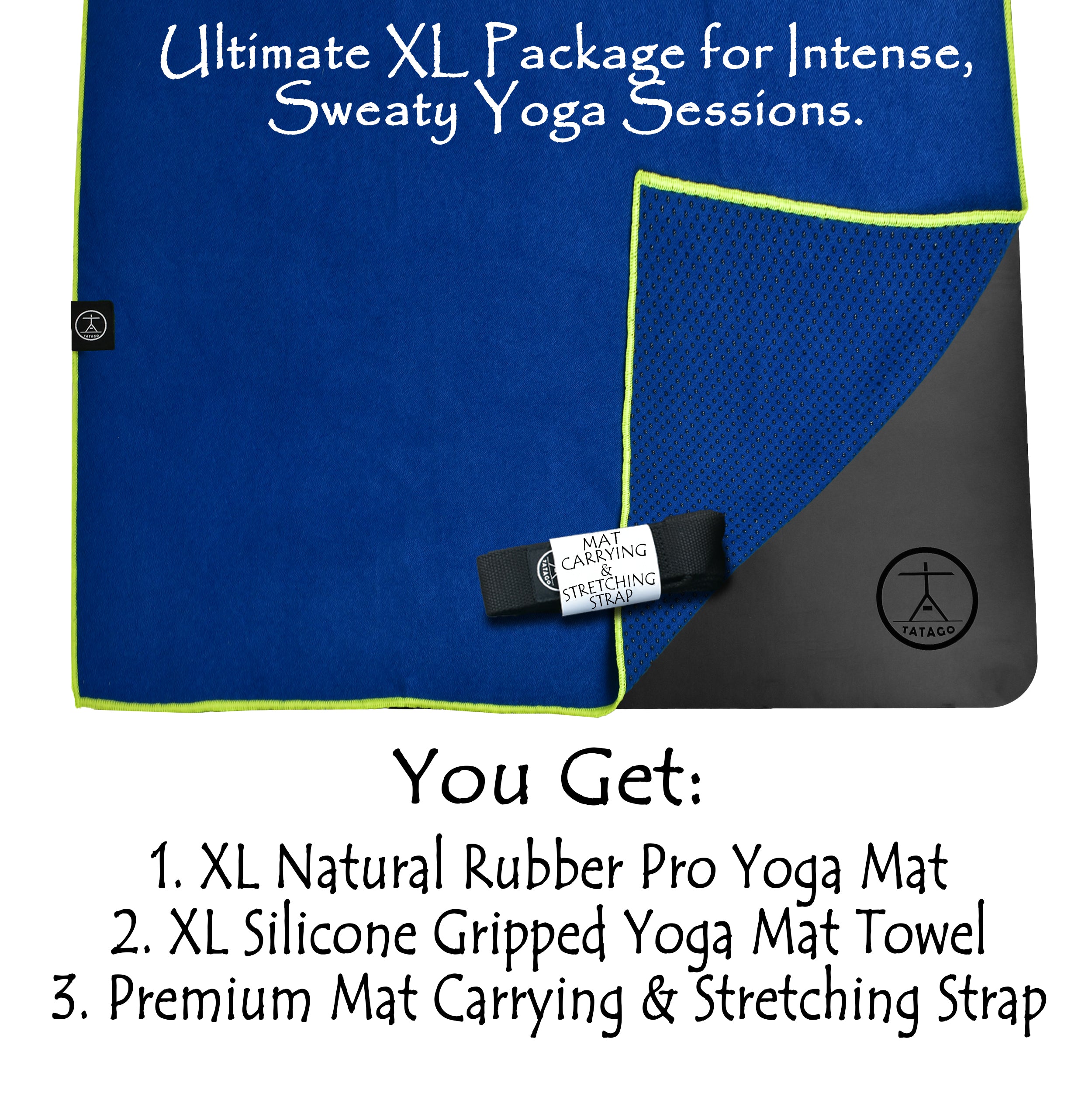 Extra large yoga mat and XL yoga towel with silicone grip shown with carry strap, ideal for hot yoga, Bikram, and Pilates sessions.