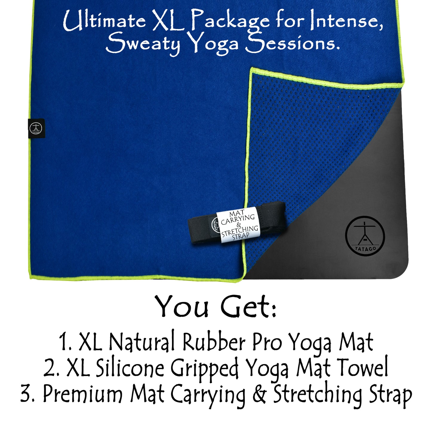 Extra large yoga mat and XL yoga towel with silicone grip shown with carry strap, ideal for hot yoga, Bikram, and Pilates sessions.