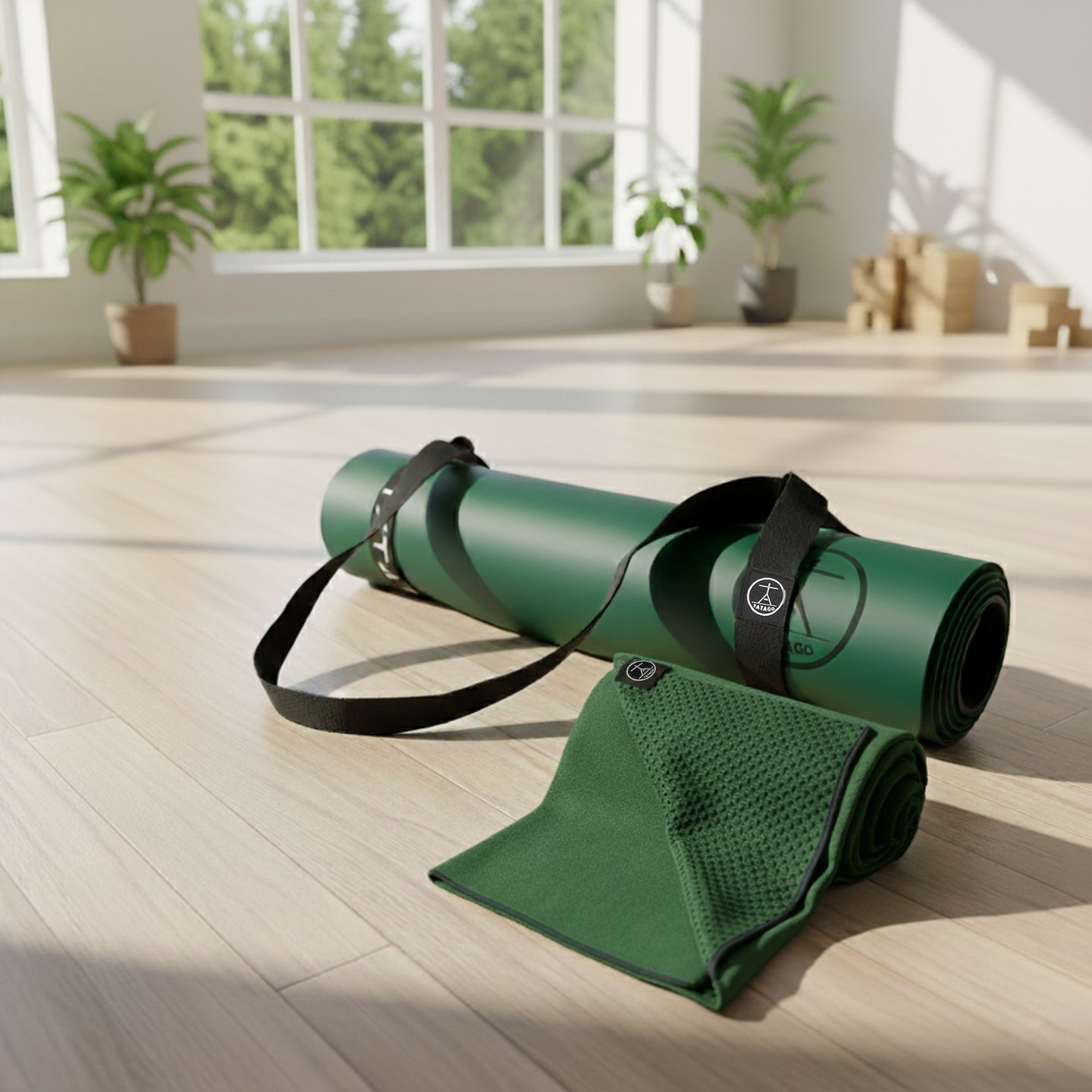 Size chart showing 84 inch XL yoga mat and matching silicone-grip yoga towel; extra-large natural rubber yoga mat and hot yoga towel comparison.