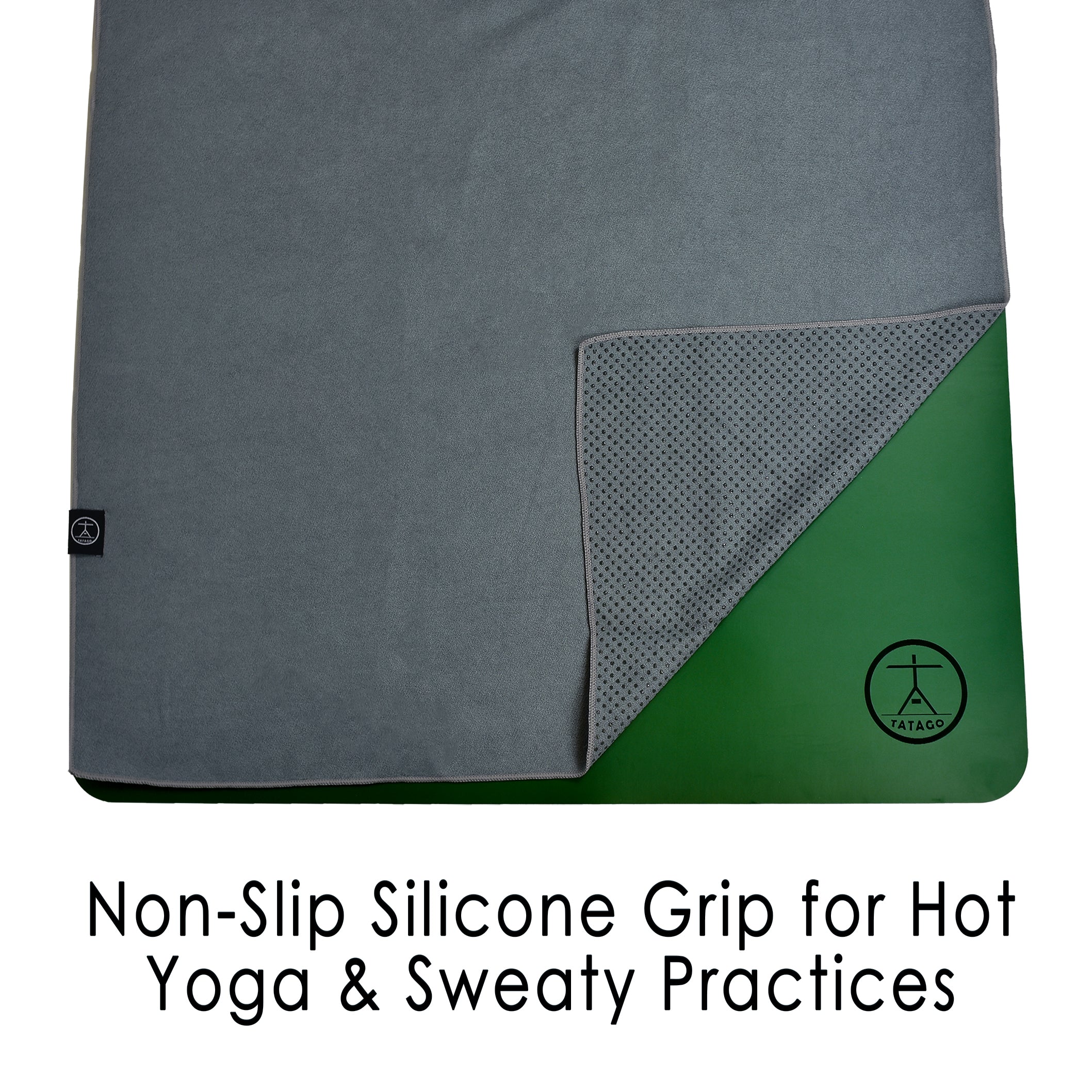 Yoga mat towel with grip backing shown over mat for hot yoga and sweaty practice (Storm Gray)