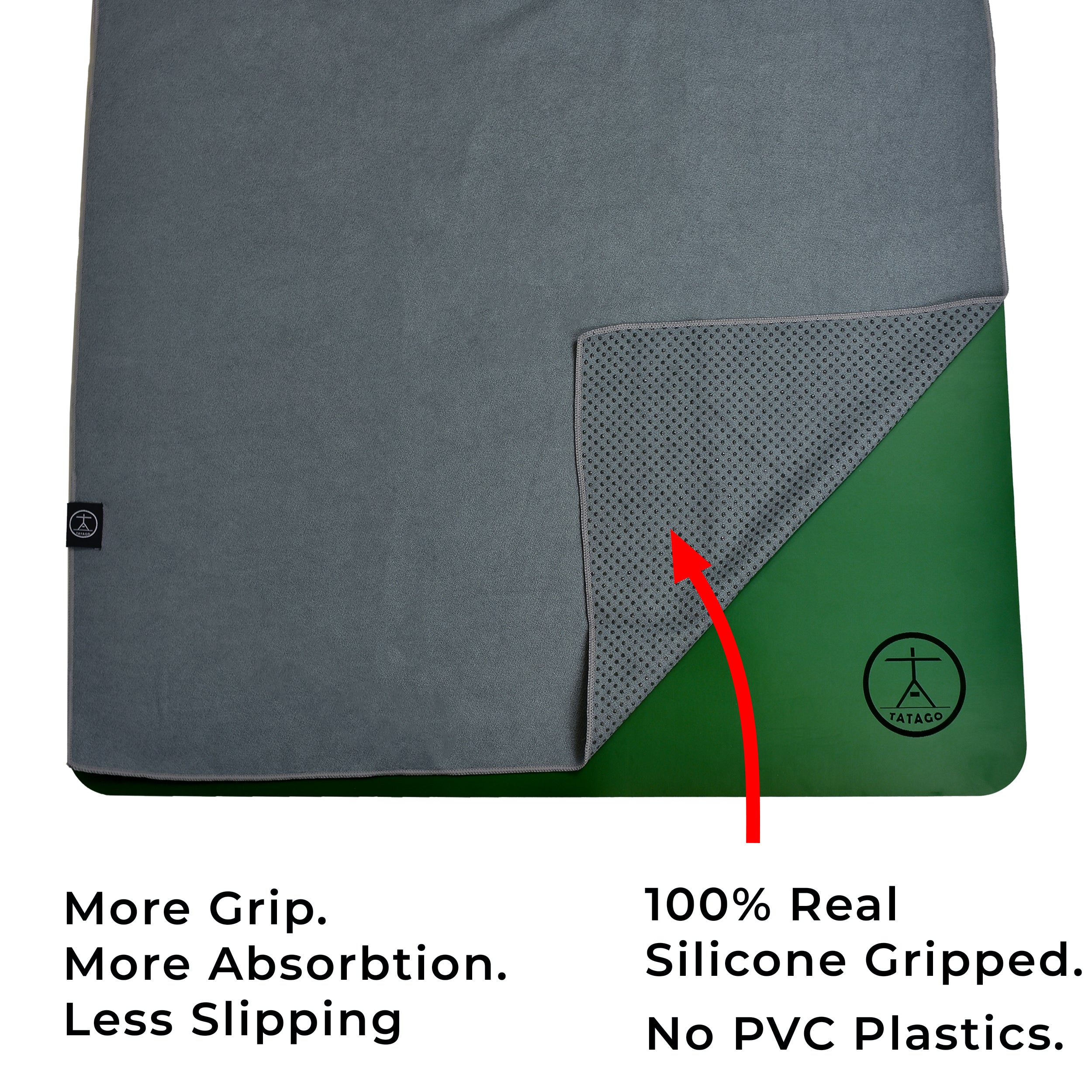 Gray yoga mat and towel for hot yoga with grip shown. (
Storm Gray)