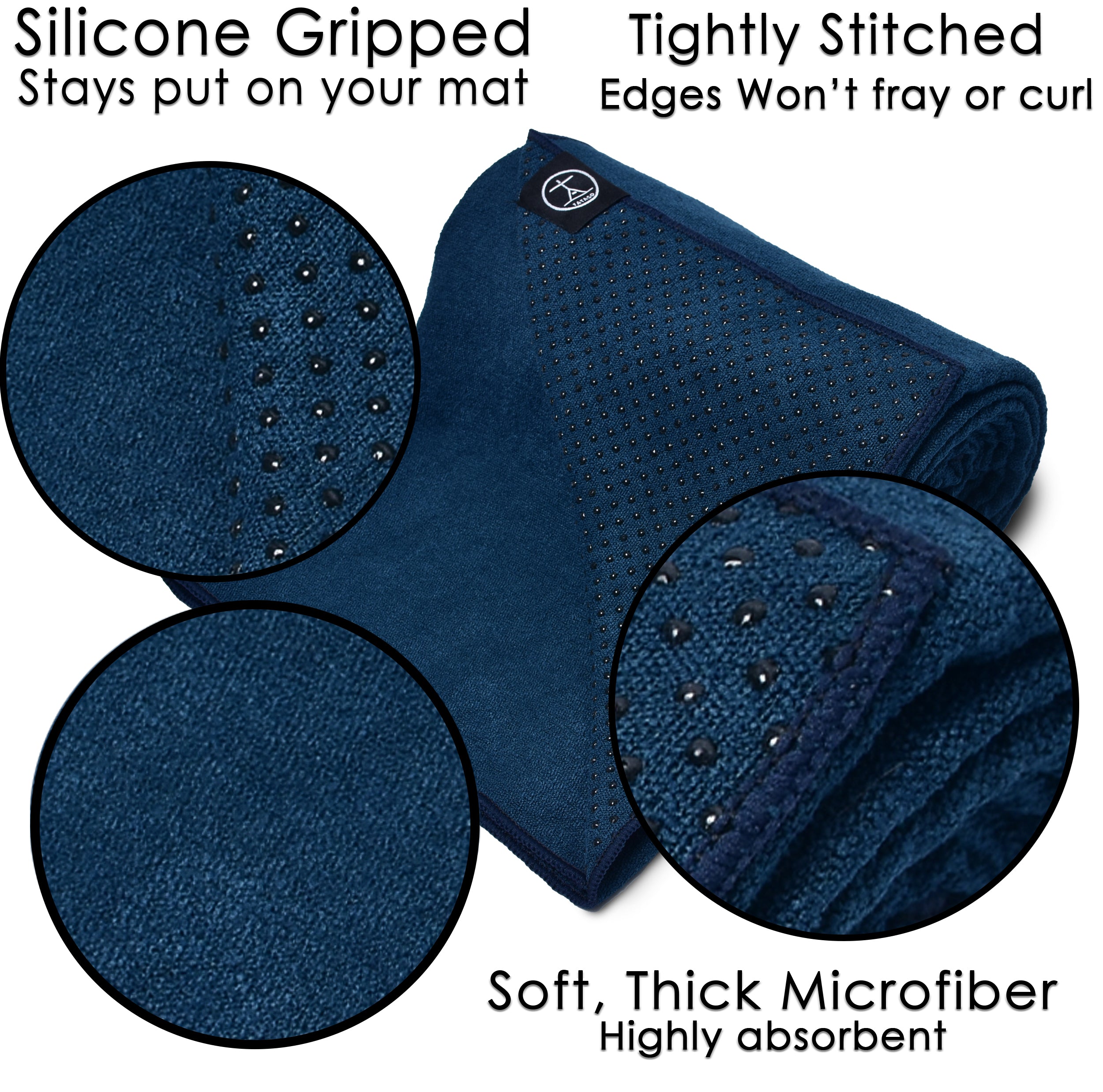 Yoga towel with grip showing silicone dots (Oceanic Blue)