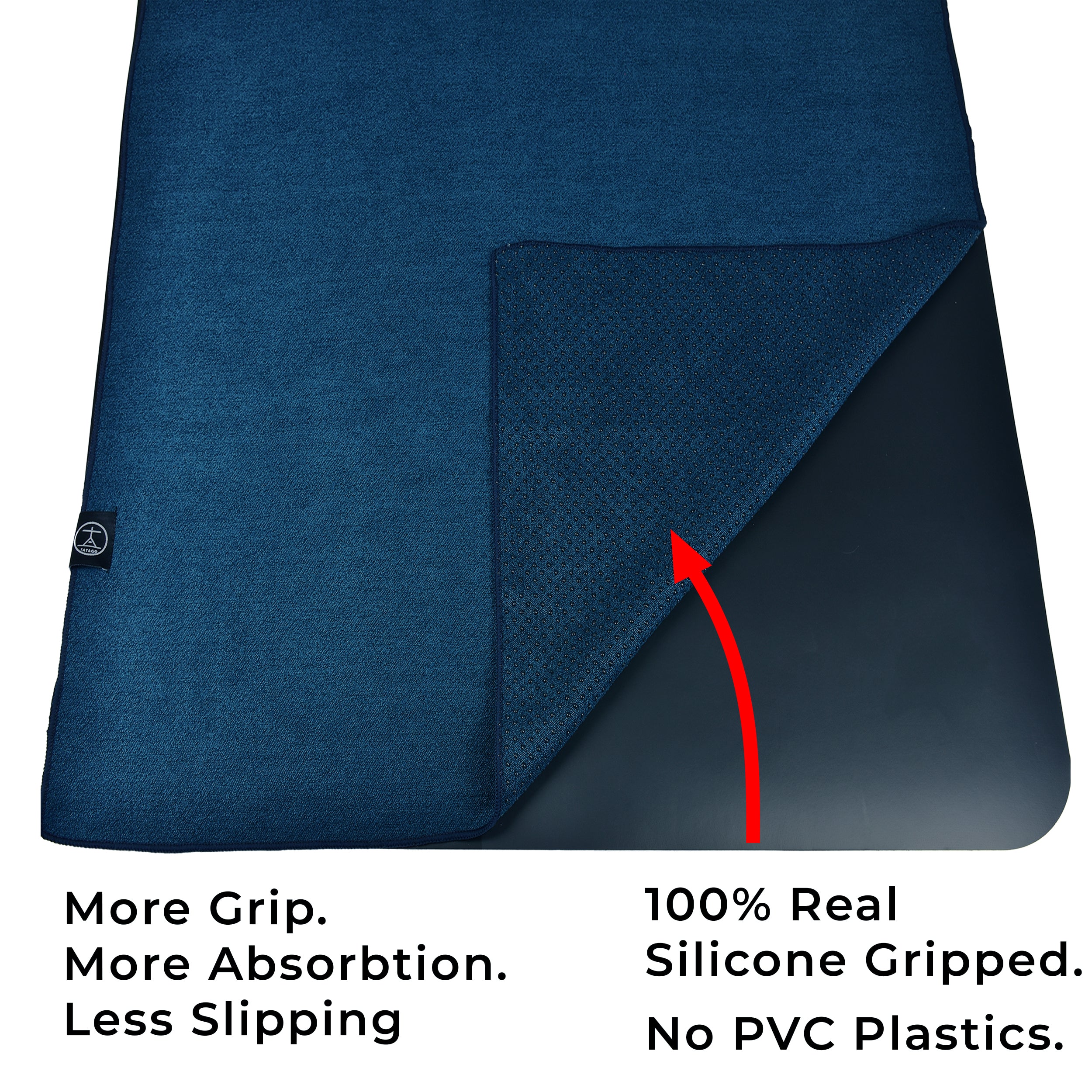 Blue yoga mat towel with grip over mat with features. (Oceanic Blue)