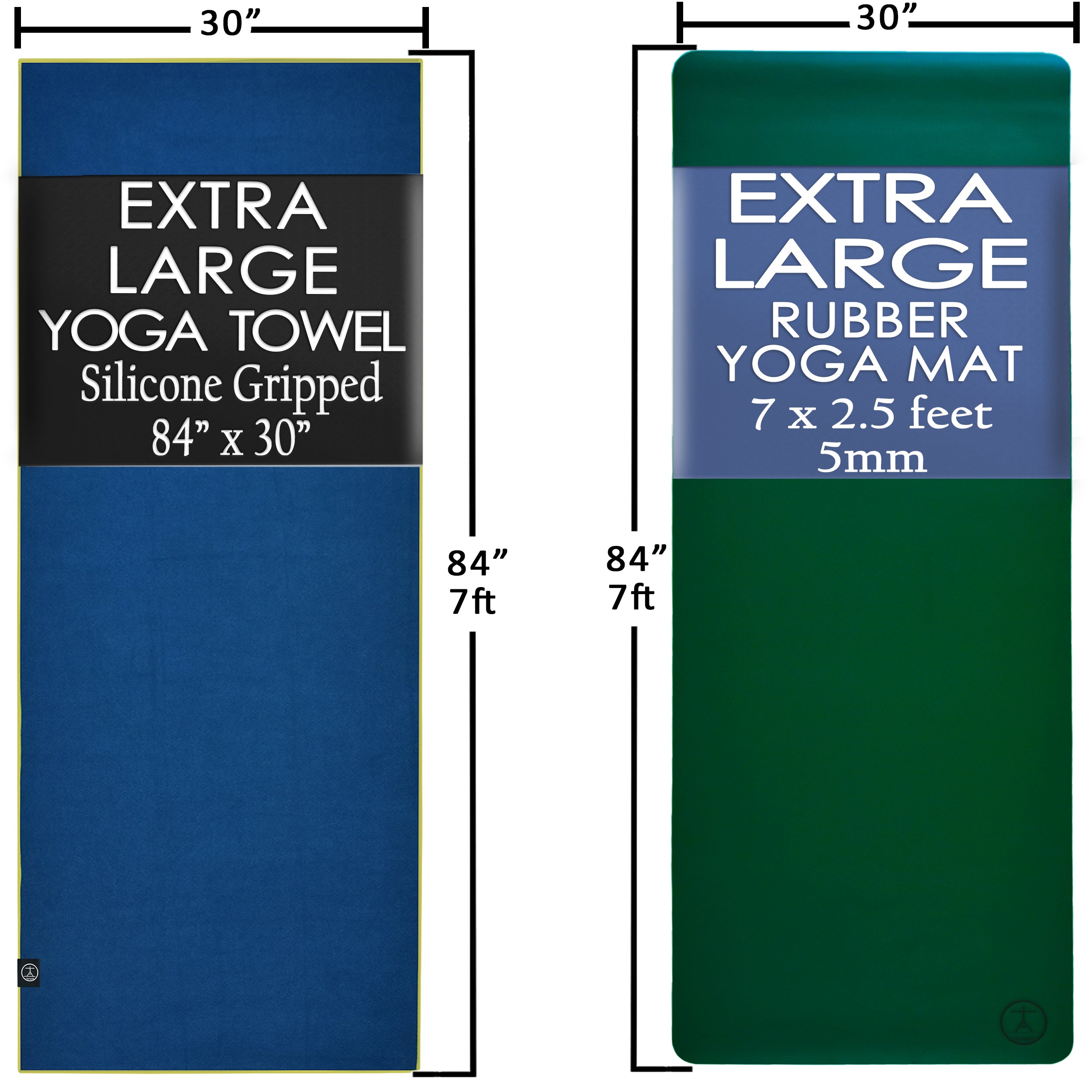 Best exercise mat dimensions shown in size chart comparing 84×30 natural rubber yoga mat and XL silicone grip towel for tall practitioners.