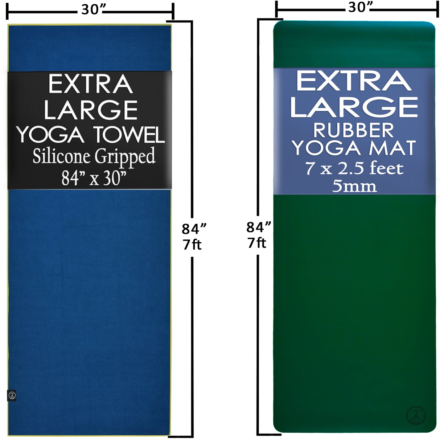 Best exercise mat dimensions shown in size chart comparing 84×30 natural rubber yoga mat and XL silicone grip towel for tall practitioners.