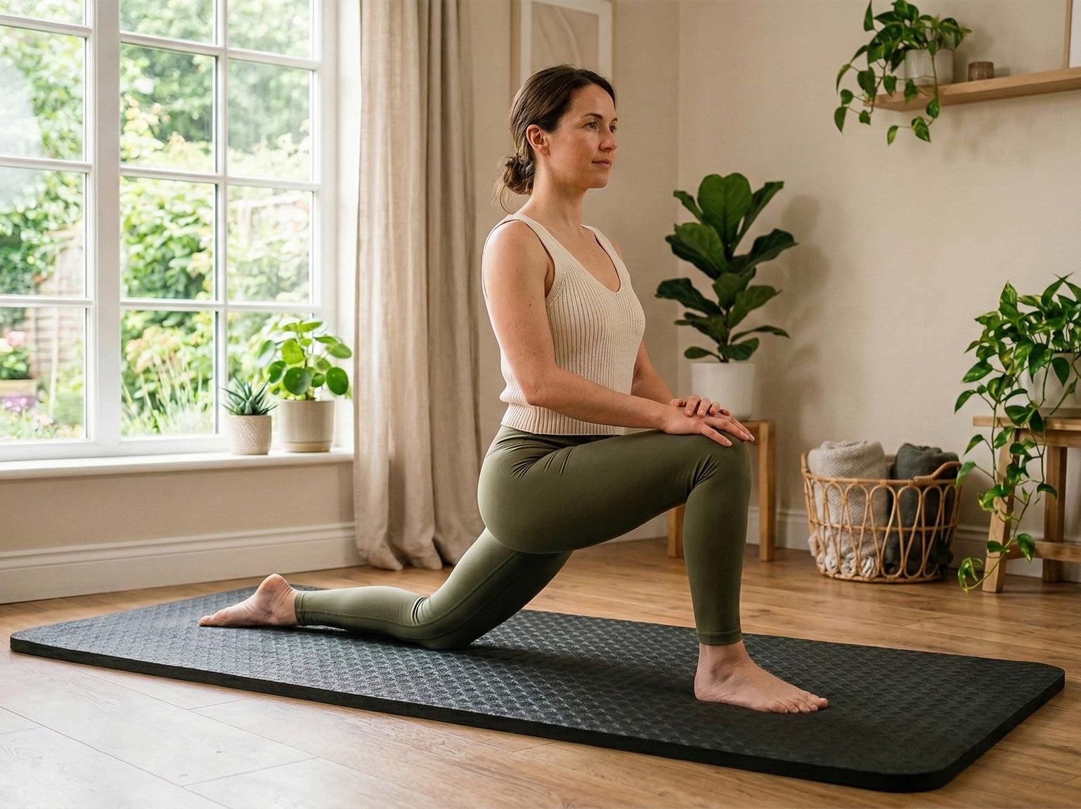 lady in lunge pose on a extra thick yoga mat in a home setting