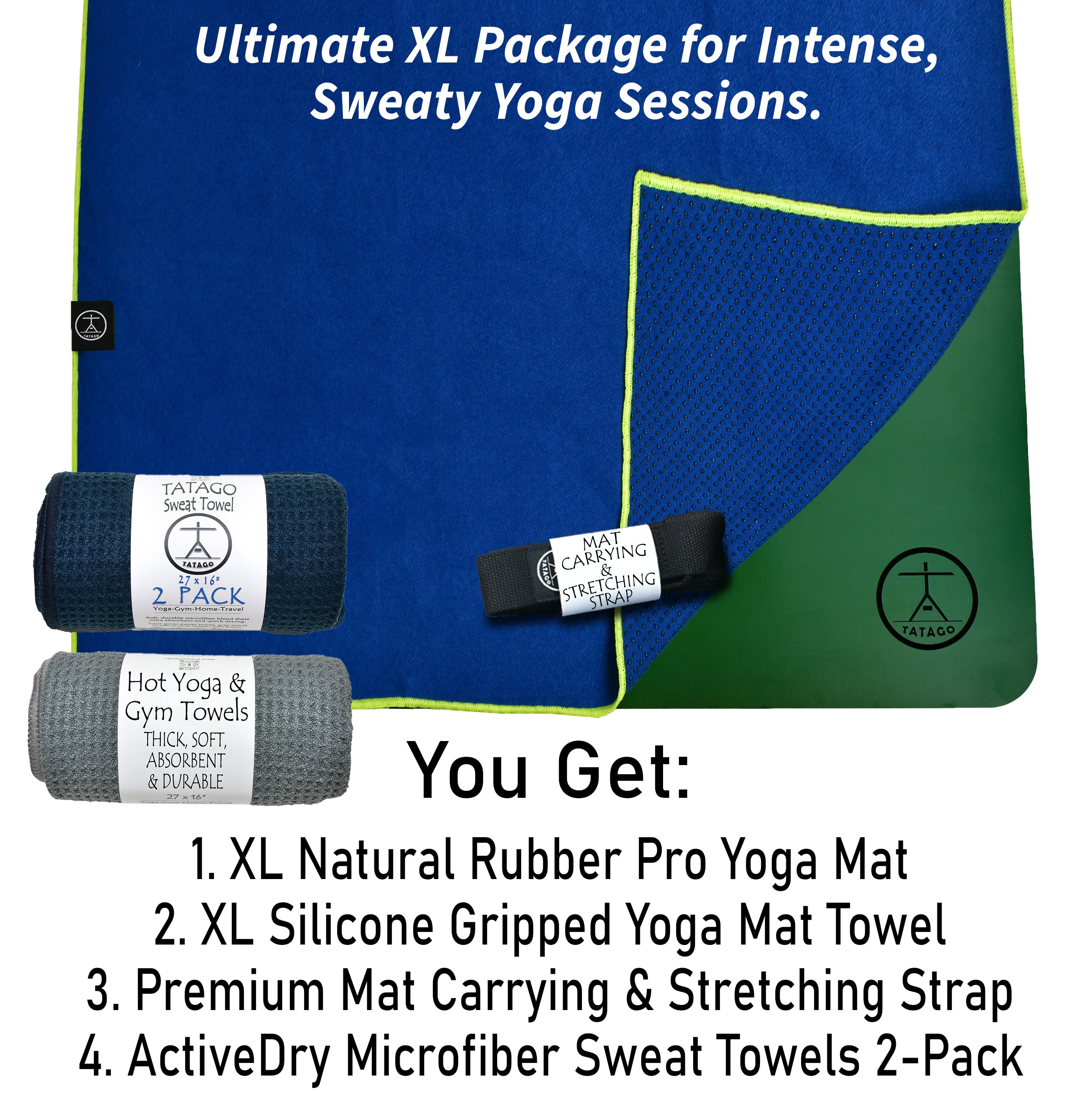 Big exercise mat package showing XL natural rubber mat, blue silicone-grip towel, carrying strap, and sweat towels for intense hot yoga sessions.