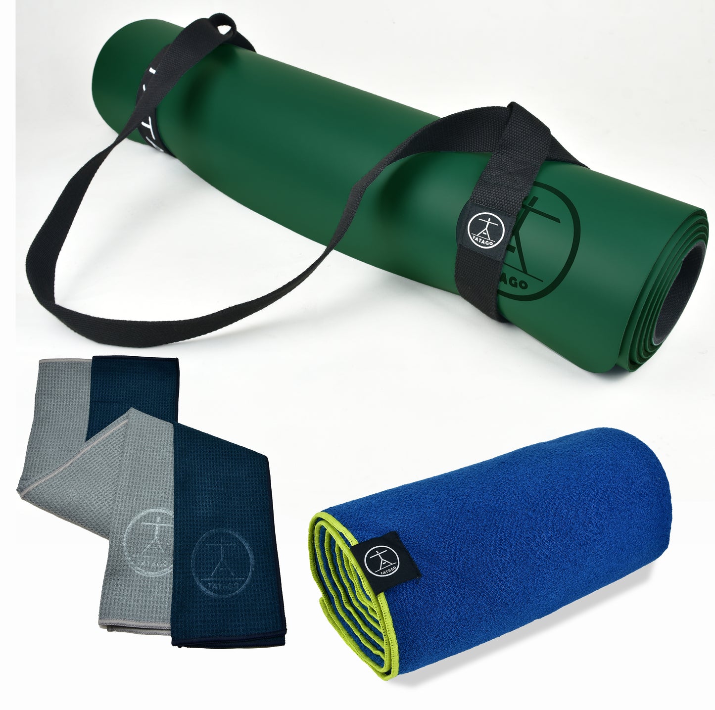 Big workout mat bundle featuring XL green natural rubber yoga mat with gray and navy sweat towels and bright blue hot yoga towel.