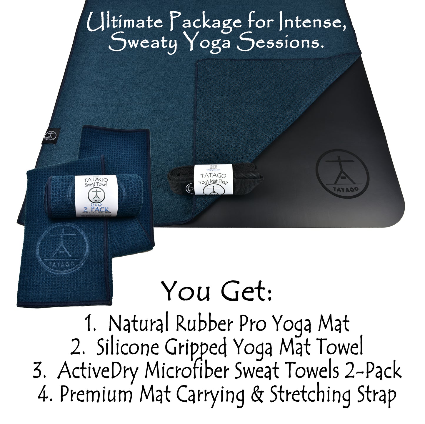 Black non slip hot yoga mat with a grippy yoga towel placed atop it and a black stretching strap and microfiber face towels
