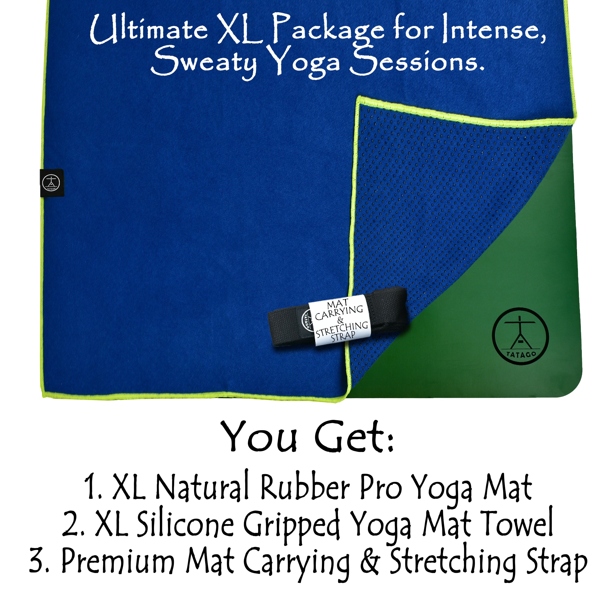 Exercise mat at home bundle with XL natural rubber yoga mat, blue silicone grip towel, and stretching strap for intense sweaty workouts.