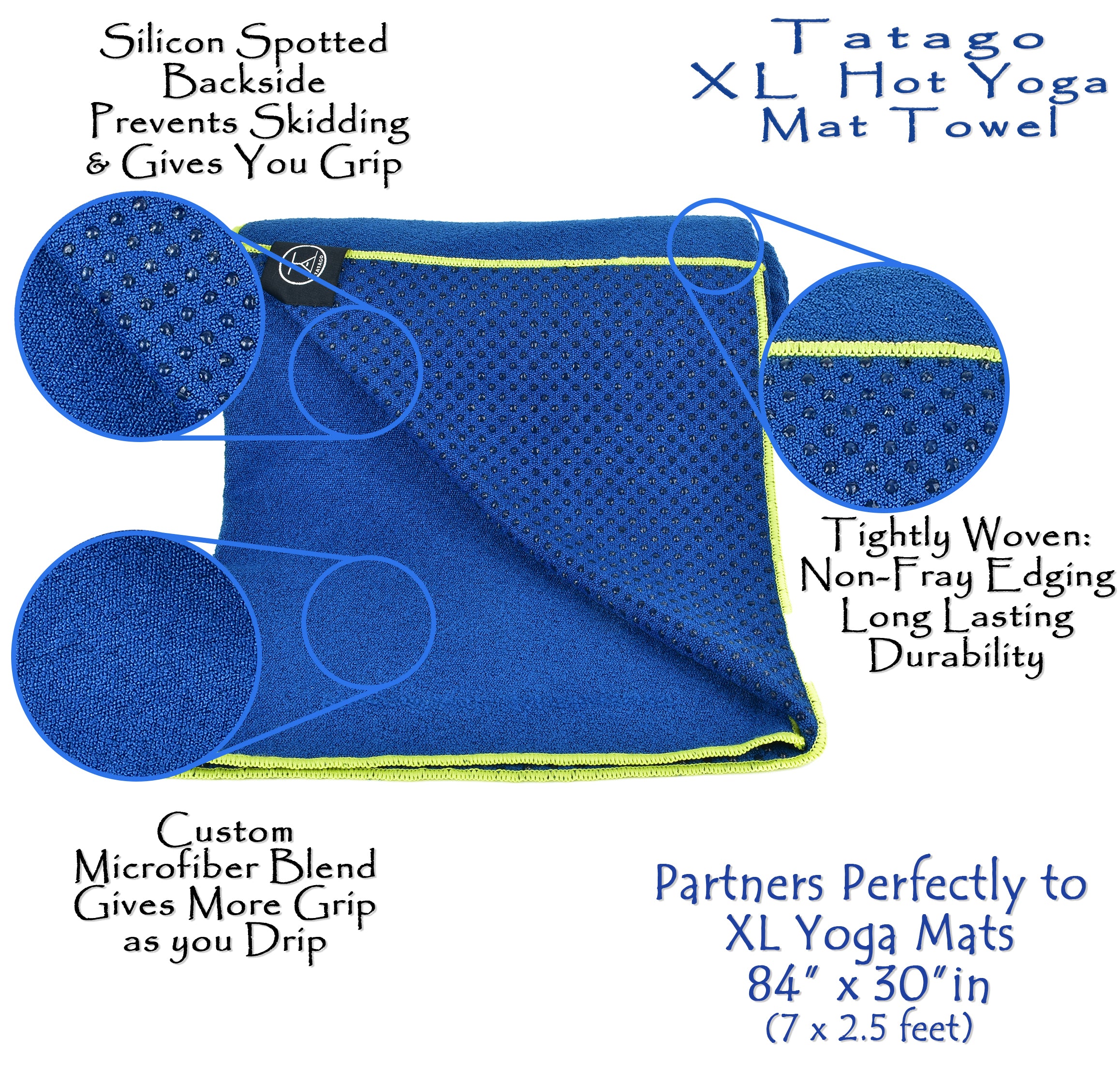 Exercise yoga mat towel shown in blue XL microfiber with silicone grip backing and tightly woven edging for hot yoga performance.