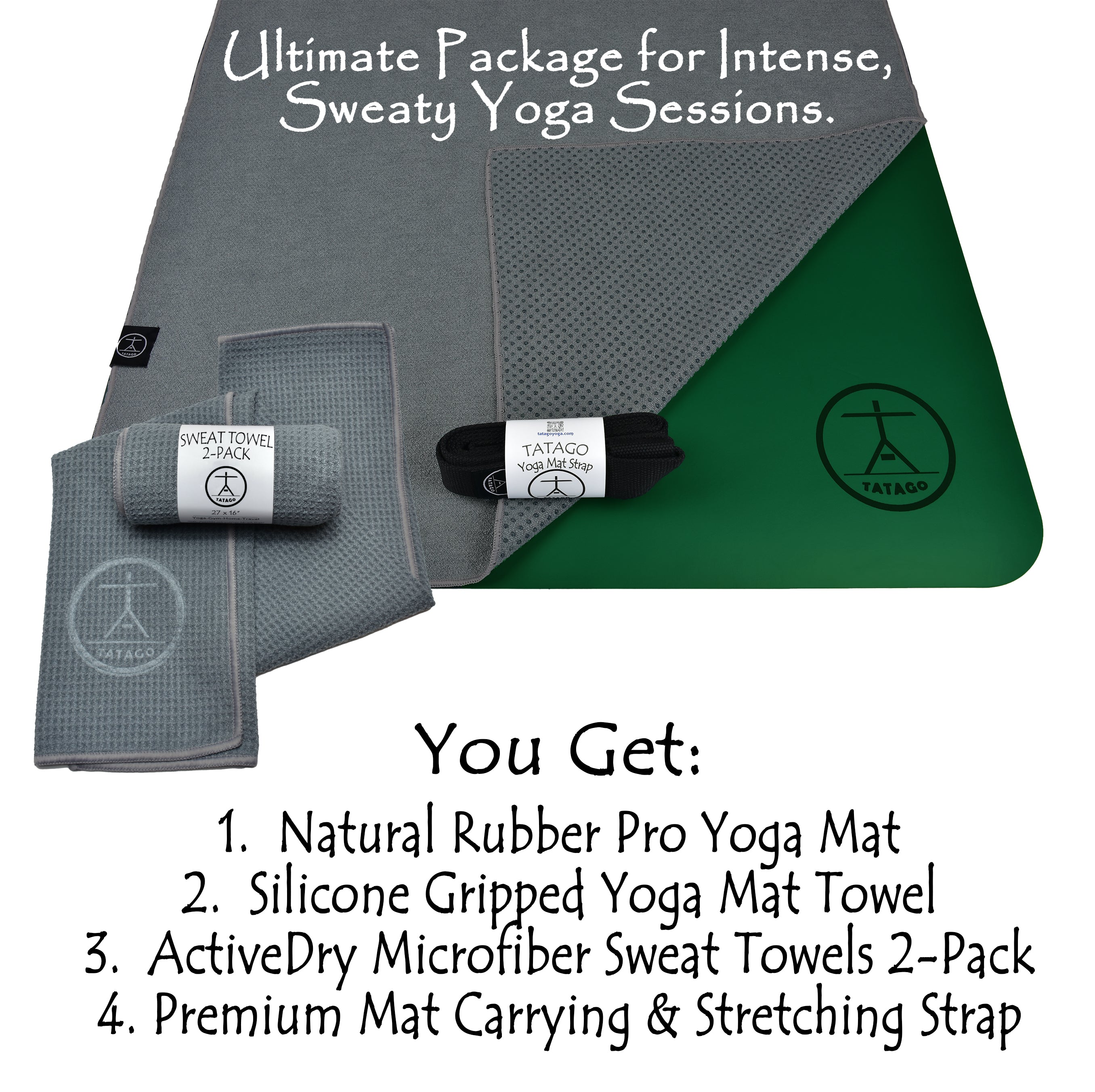 Complete hot yoga mat and towel set including natural rubber mat, silicone-grip towel, sweat towels, and yoga strap shown in studio layout.