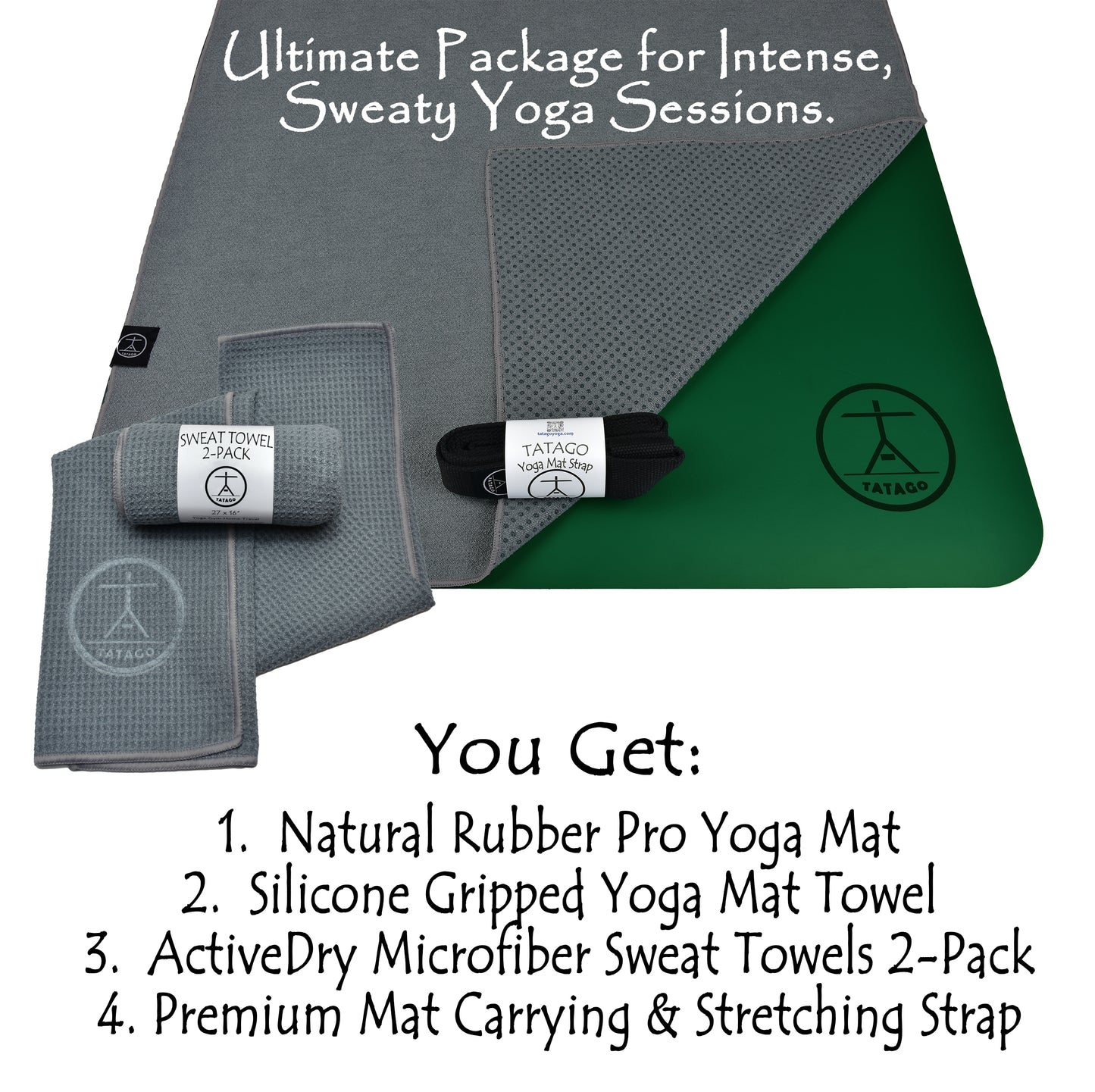 Complete hot yoga mat and towel set including natural rubber mat, silicone-grip towel, sweat towels, and yoga strap shown in studio layout.