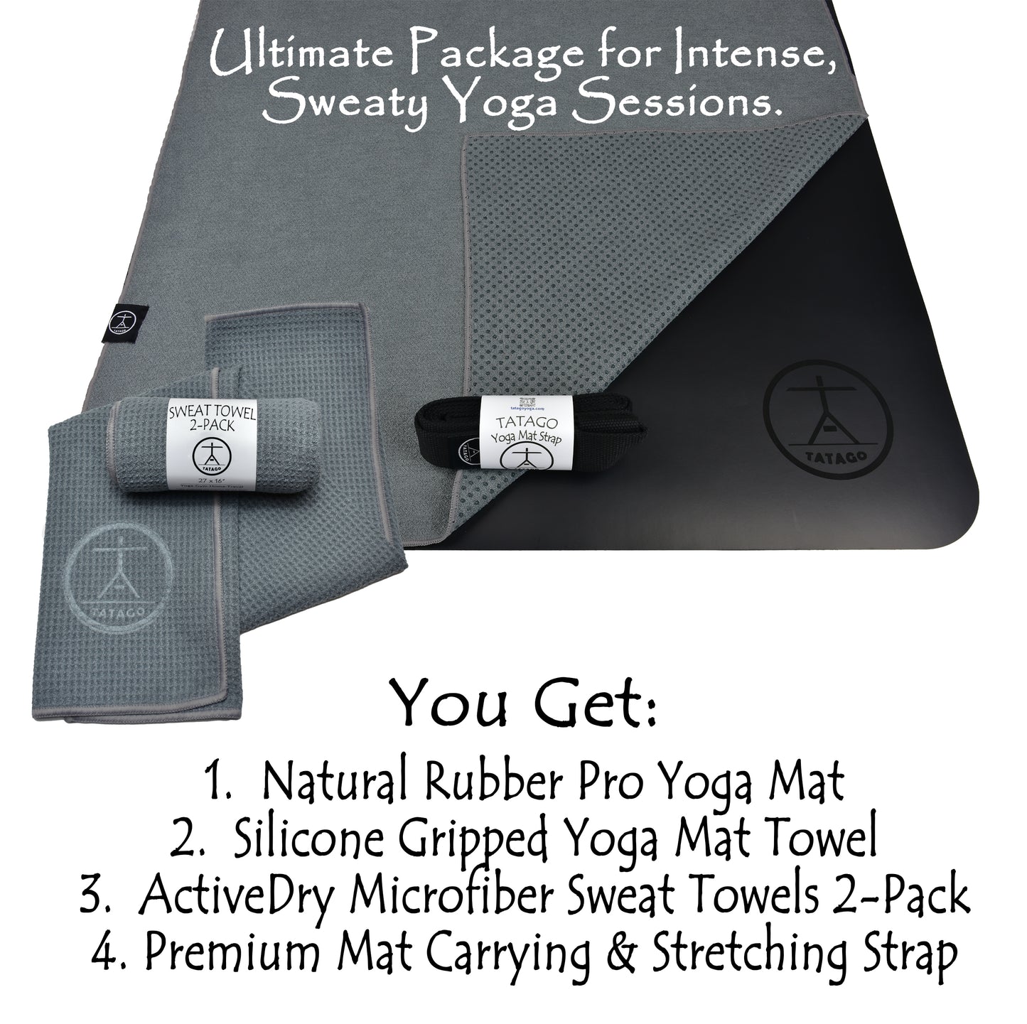 Yoga mat, grip towel, sweat towels, and strap arranged as a full hot yoga mats and towels package, ideal for heated flows and Bikram yoga sessions.