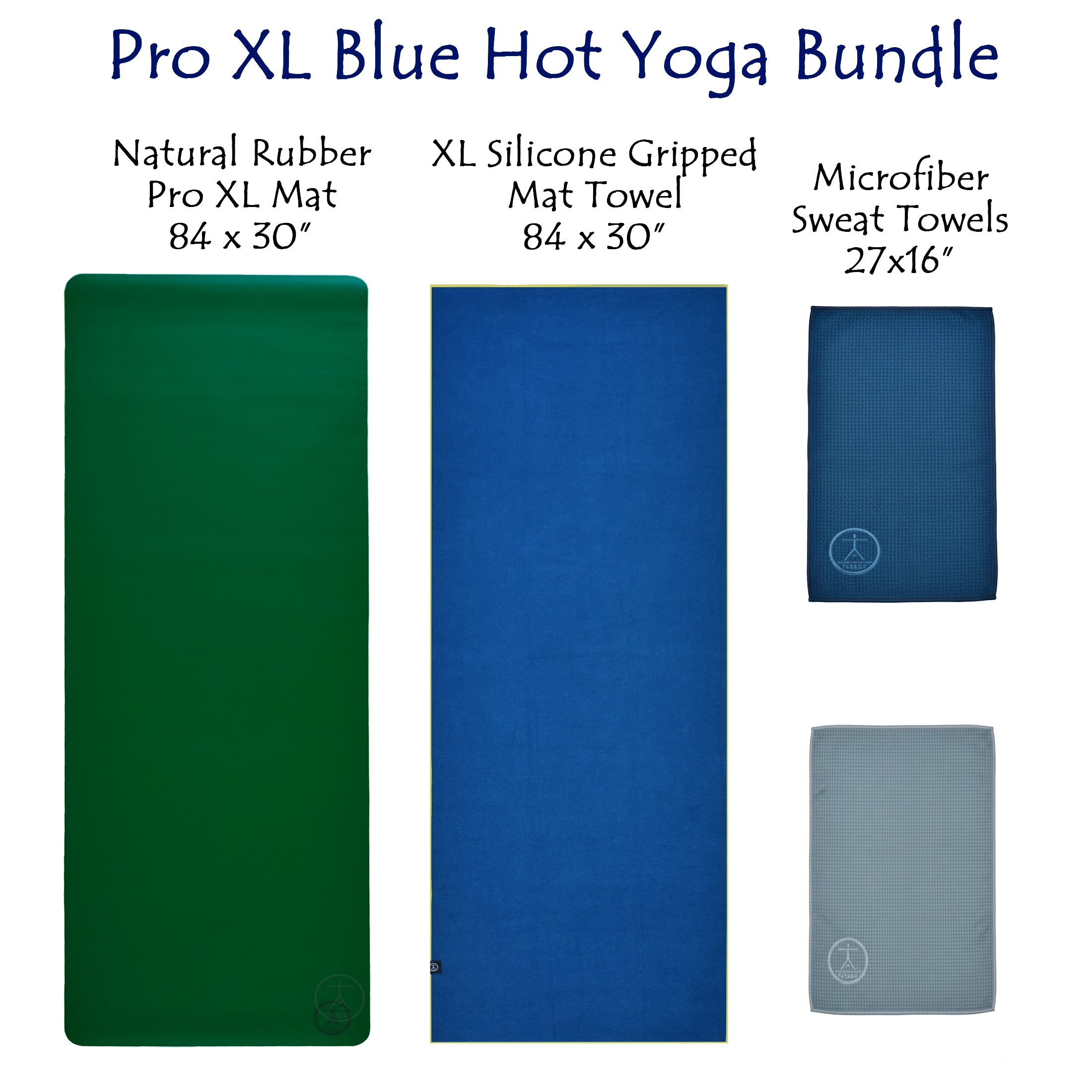 Large fitness mat setup displaying XL natural rubber mat with matching blue silicone-grip towel and microfiber sweat towels for hot yoga and Pilates.