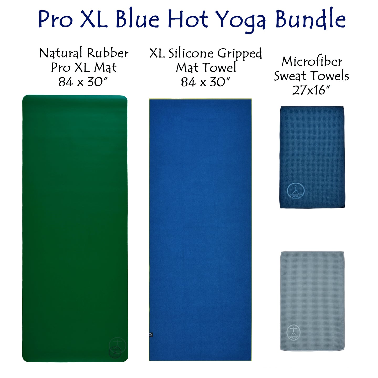 Large fitness mat setup displaying XL natural rubber mat with matching blue silicone-grip towel and microfiber sweat towels for hot yoga and Pilates.