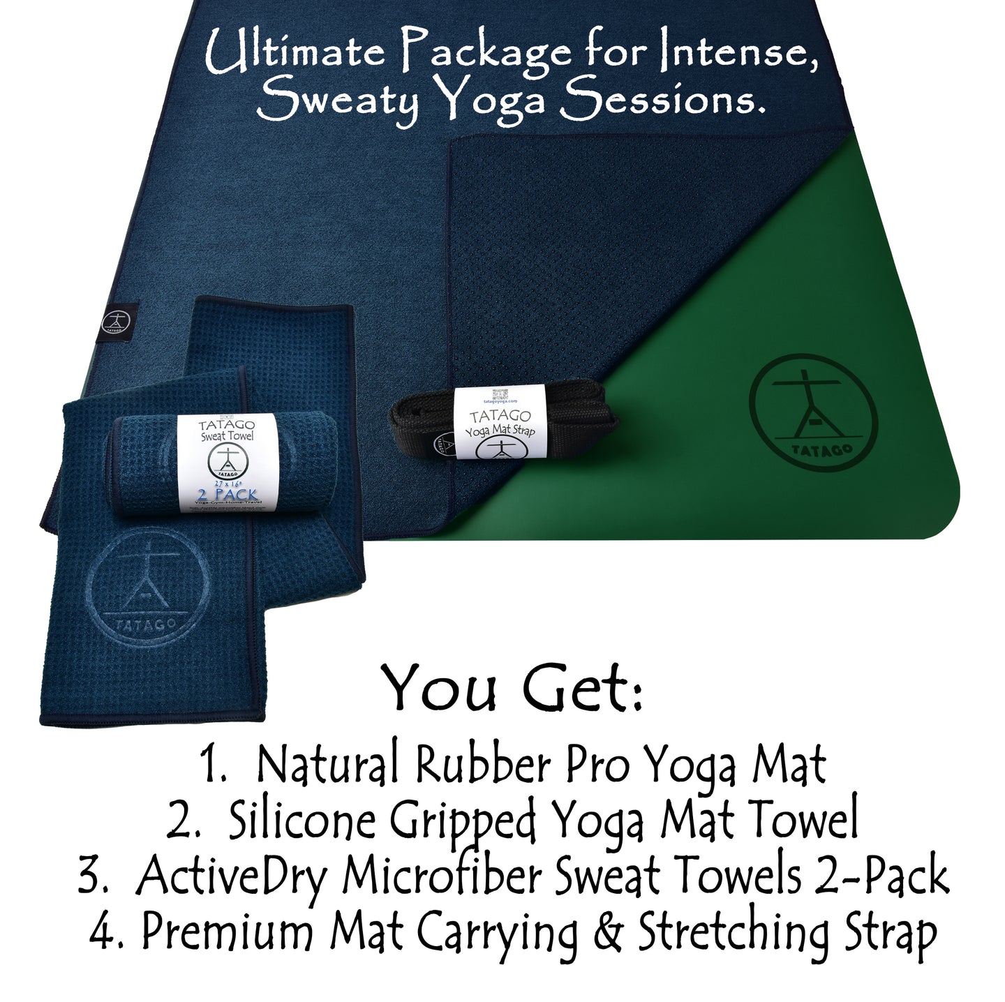 Microfiber yoga towel with grip displayed beside natural rubber yoga mat and strap yoga mat sling, ideal for hot mat Pilates and sweaty studio practice.