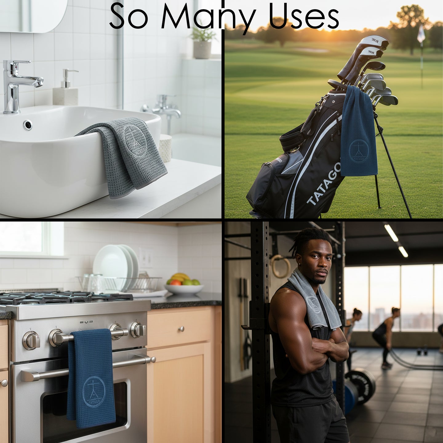 Microfiber face towel, golf towel, kitchen towel and gym towel displayed on 4 images. Multicolor (2-Pack)