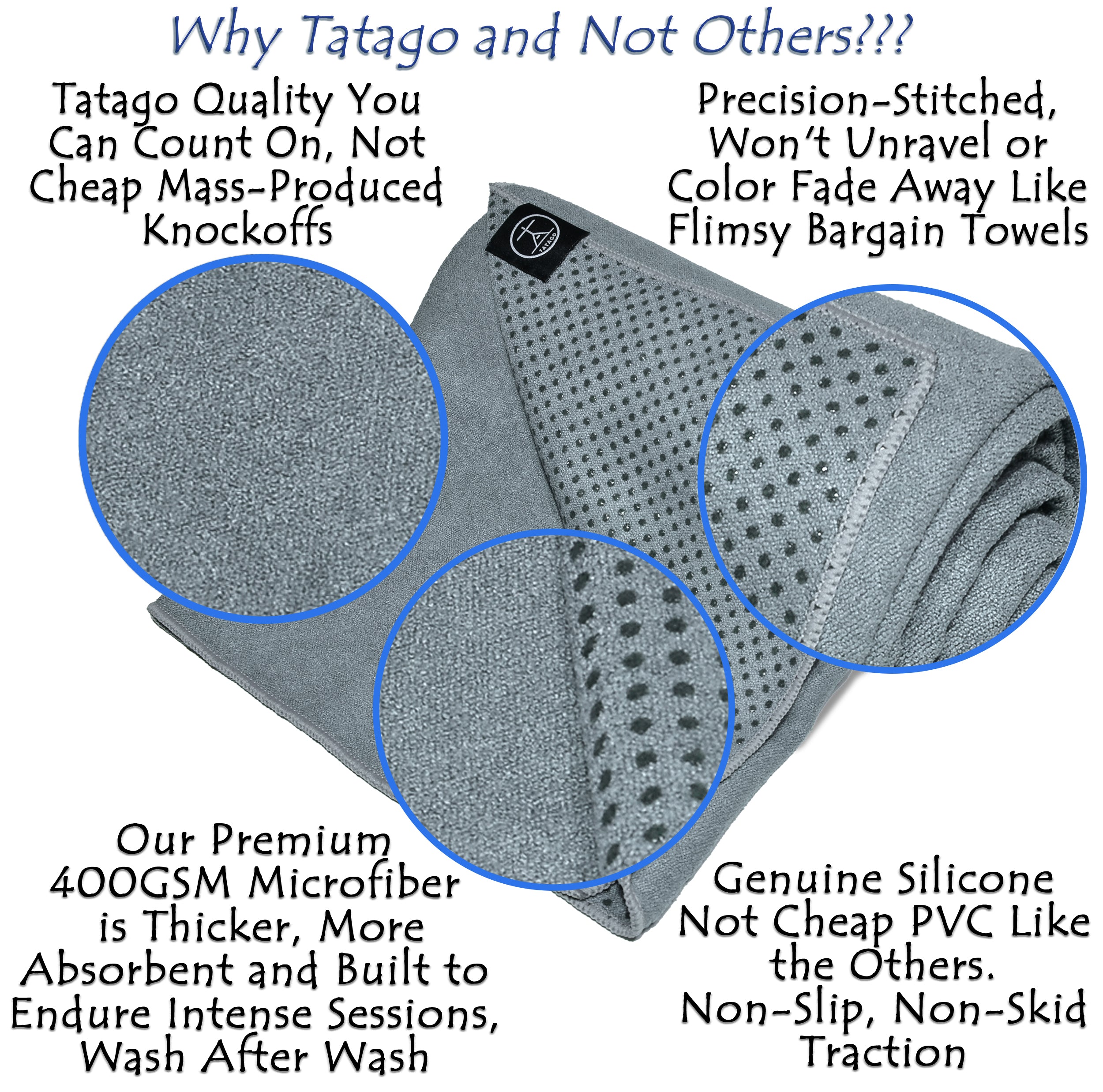 Microfiber yoga mat towel with silicone grip dots highlighted for traction, ideal for yoga towel with grip use in hot yoga, Bikram, and Pilates.