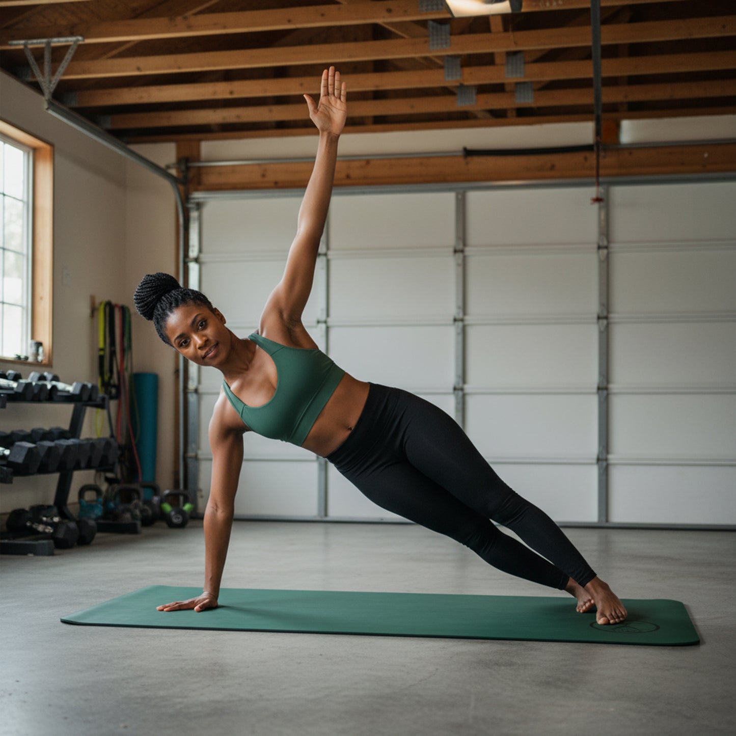 Woman training on natural rubber yoga mat during home workout showing non-slip stability for yoga, Pilates, and strength exercises.