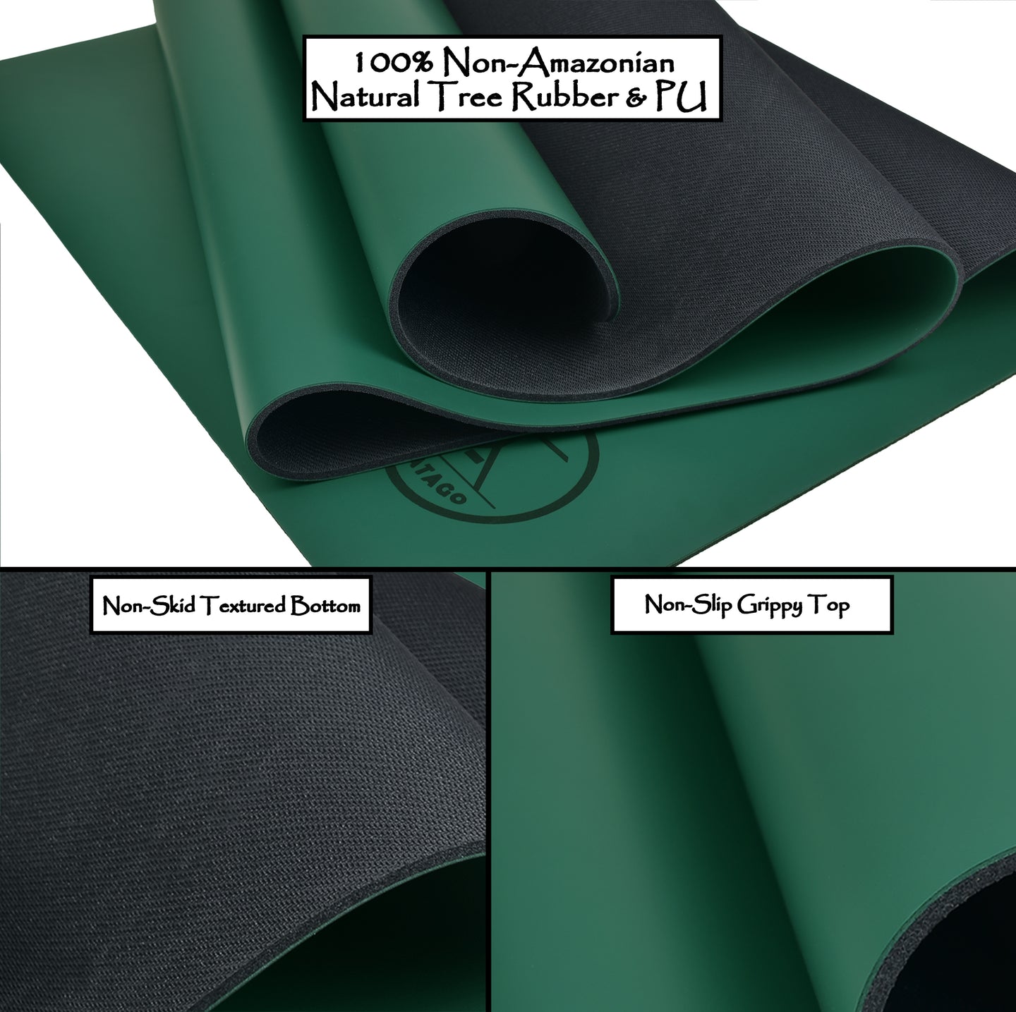 Close-up of natural rubber yoga mat showing PU top layer and textured bottom for non-slip grip in hot yoga and sweaty workouts.