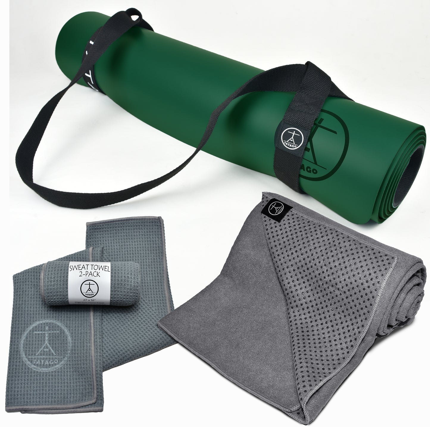 Non-slip exercise mat with matching hot yoga towel, sweat towel 2-pack, and carrying strap for heated yoga and home workouts.