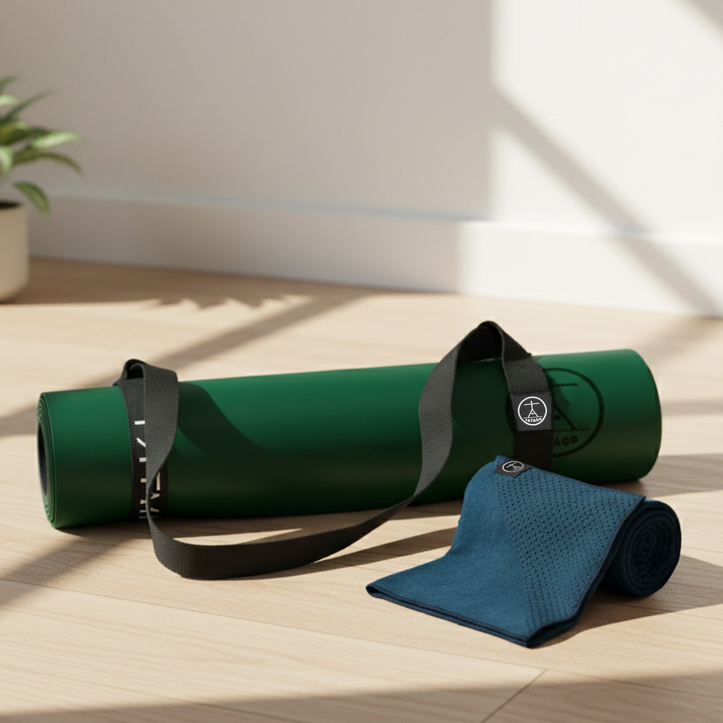 Hot yoga mat set shown with non-slip natural rubber mat and moisture-activated grip towel for sweaty heated sessions.