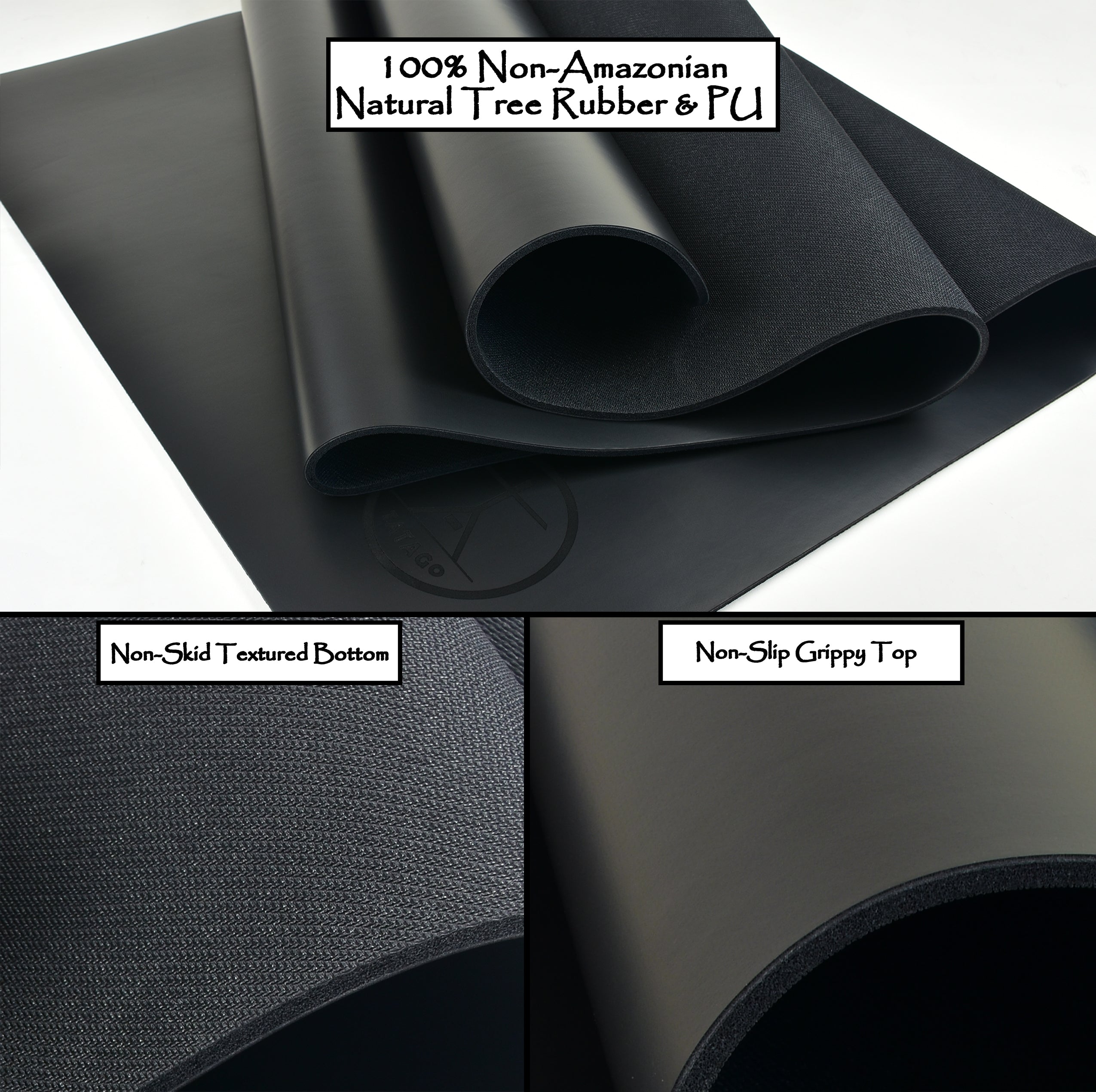Close-up showing textured bottom and grippy top of a natural rubber yoga mat designed for non-slip hot yoga mat performance in heated sessions.