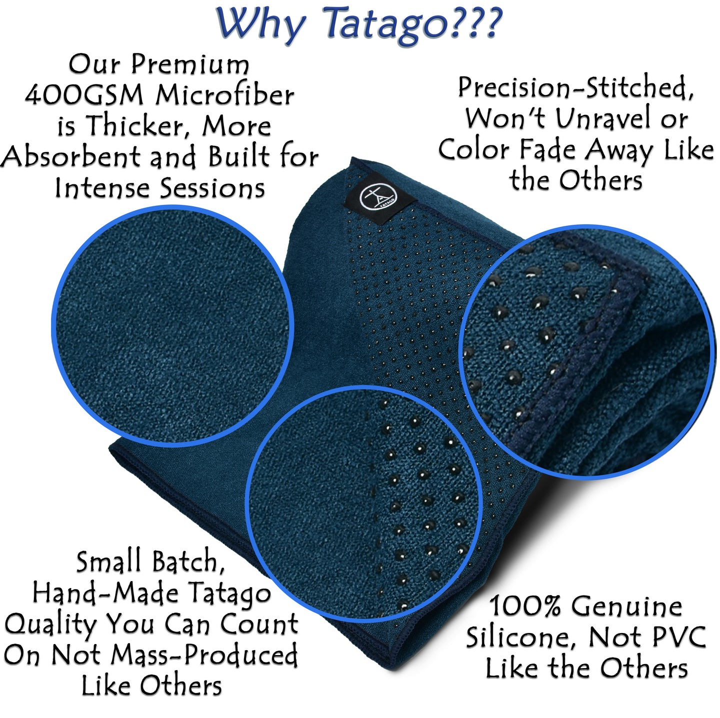 Close-up of microfiber yoga towel featuring silicone grip dots for non-slip hot yoga, sweaty sessions, and Bikram practice.